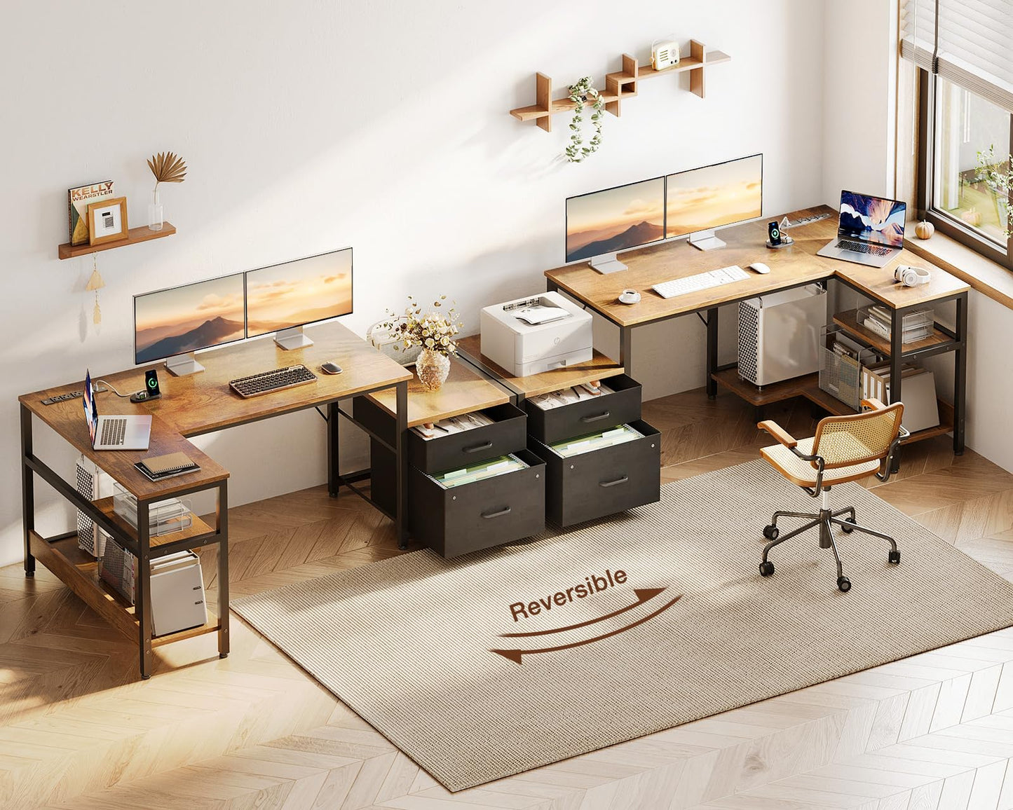 Casaottima L Shaped Desk with Drawers & File Cabinet, 55 Inch Computer Desk with Storage Shelves & CPU Stand, Corner Desk with Power Outlets, Reversible L Desk for Home Office, Brown