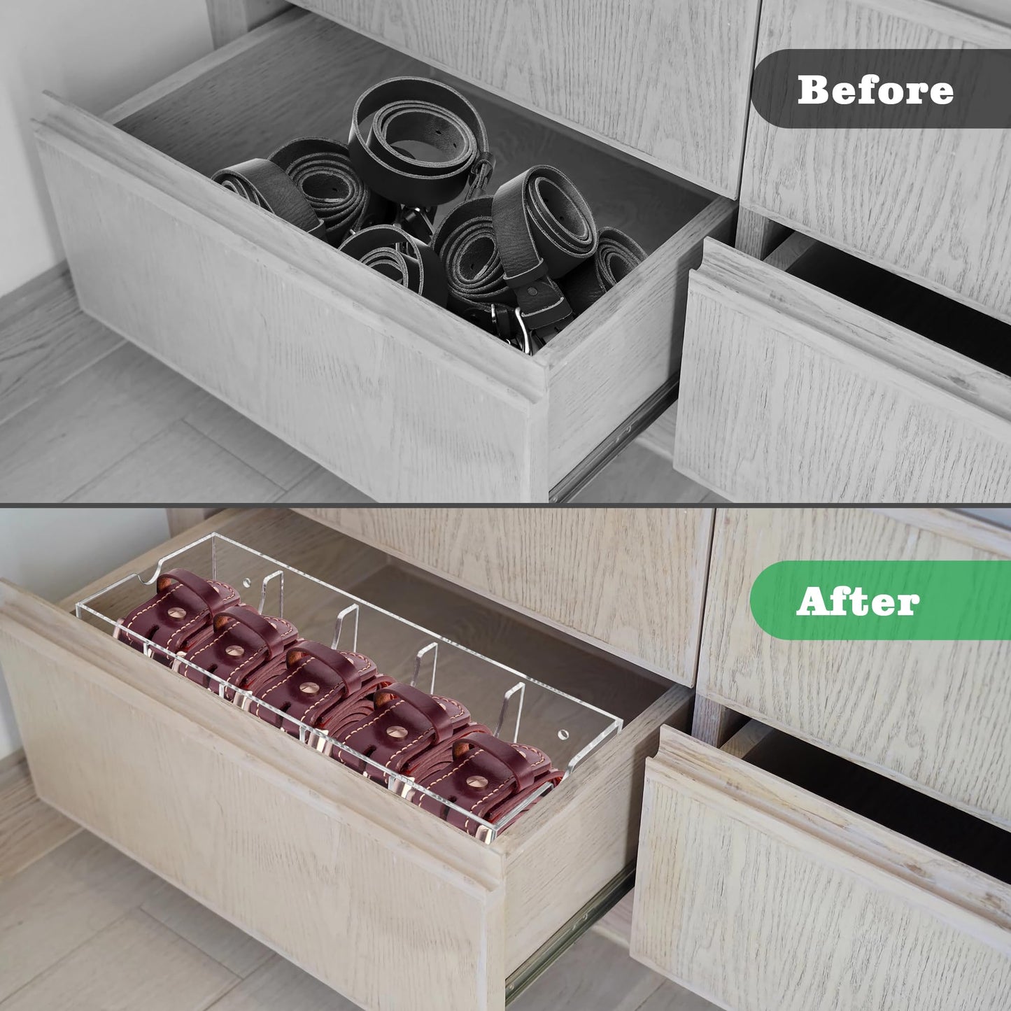 Belt Organizer, Acrylic Belt Storage Organizer for Closet, 7 Compartments Clear Belt Holder with Dust Cover, Belt Display Case Hanger for Drawer Tie and Bow Tie