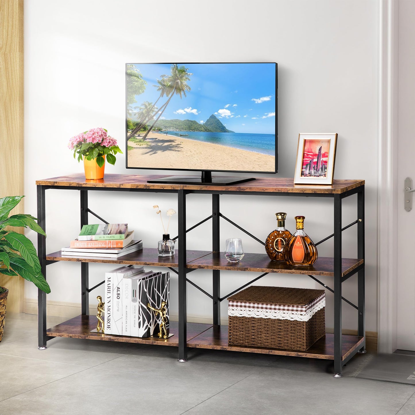 VIVOHOME 55 Inch Entryway Console Table, Narrow Industrial Sofa Table Behind Couch with 3-Tier Storage Shelves, Metal Frame, Easy Assembly, for Hallway, Living Room