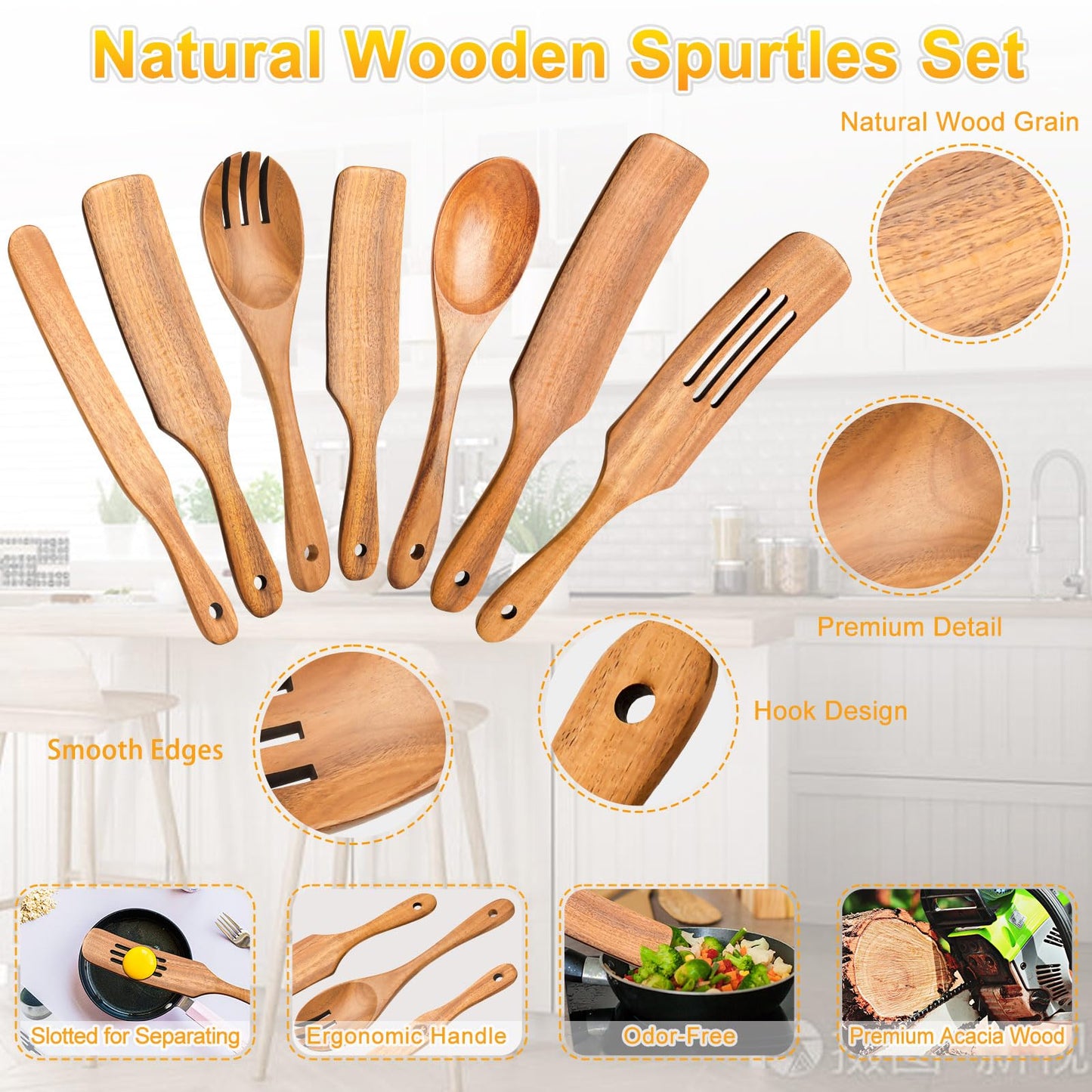 Spurtles Kitchen Tools Wooden, 7Pcs Wooden Spoons for Cooking, Natural Premium Spatula Set, Heat Resistant Cooking Utensil for Nonstick Cookware, Spurtle for Sourdough Starter