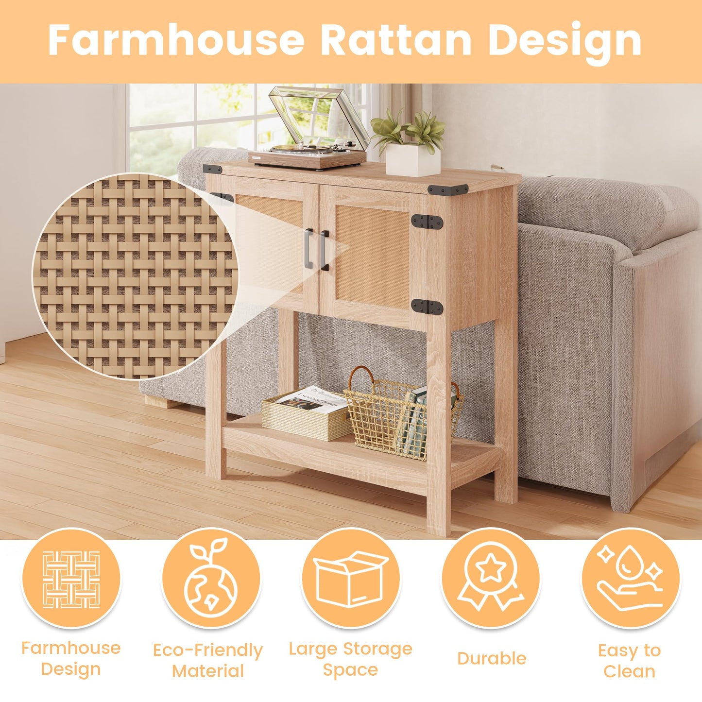 MELLCOM Console Table with Rattan Doors, Farmhouse Entryway Table with Storage Cabinet, Wood Hallway Desk with Open Storage Shelf for Living Room, Bedroom & Office