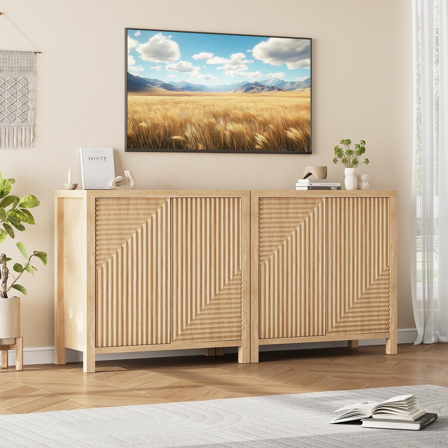 Jocoevol Sideboard Buffet Cabinet, Modern Fluted Kitchen Storage Buffets with 2 Pop-up Doors & Adjustable Shelves, Accent Credenza, Wood Buffet Table for Dining Room, Living Room (Brown)