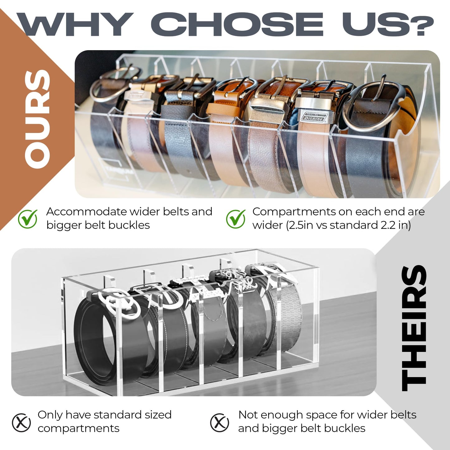 Belt Organizer for Larger Buckles With Extra Wide Compartments - 7 Compartments - Durable Acrylic Belt Organizer for Closet and Drawer