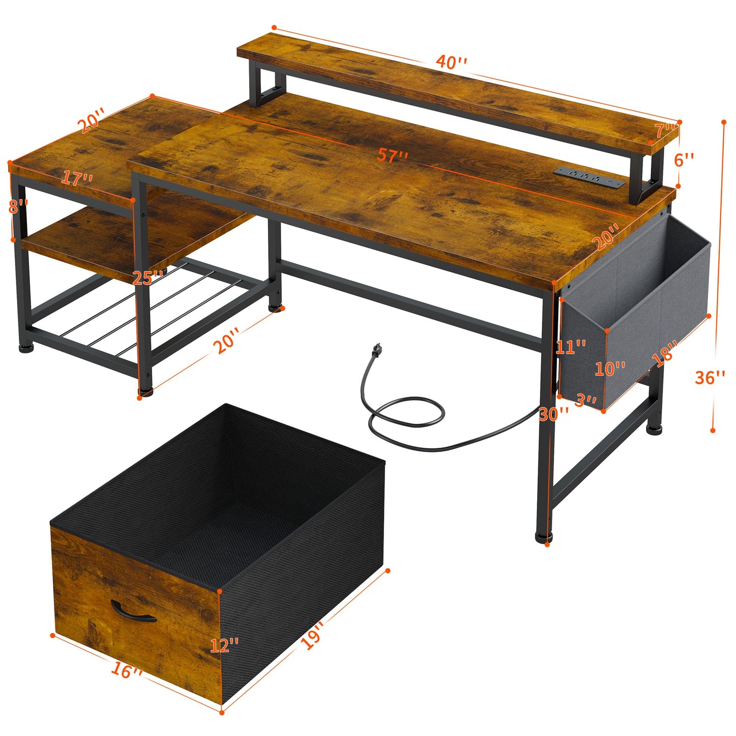 EnHomee 57" Computer Desk with Drawers and Printer Space,Office Desk with Power Outlets,Home Office Desks with File Drawers Cabinet,Study and Gaming Desk with Shelves Monitor Stand,Rustic Brown