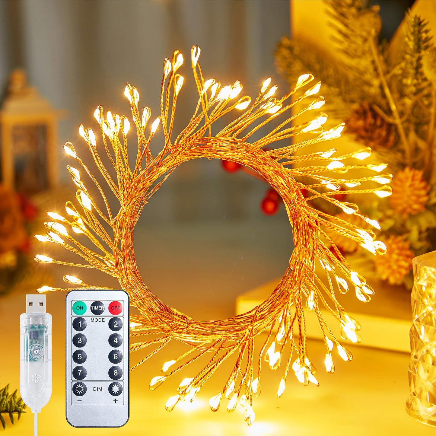 Minetom LED Firecracker Cluster Lights - 10FT 120LED Plug in Twinkle String Lights with Remote, USB Powered Silver Wire Light for Bedroom Wreath DIY Party Wedding Christmas Holiday Decoration