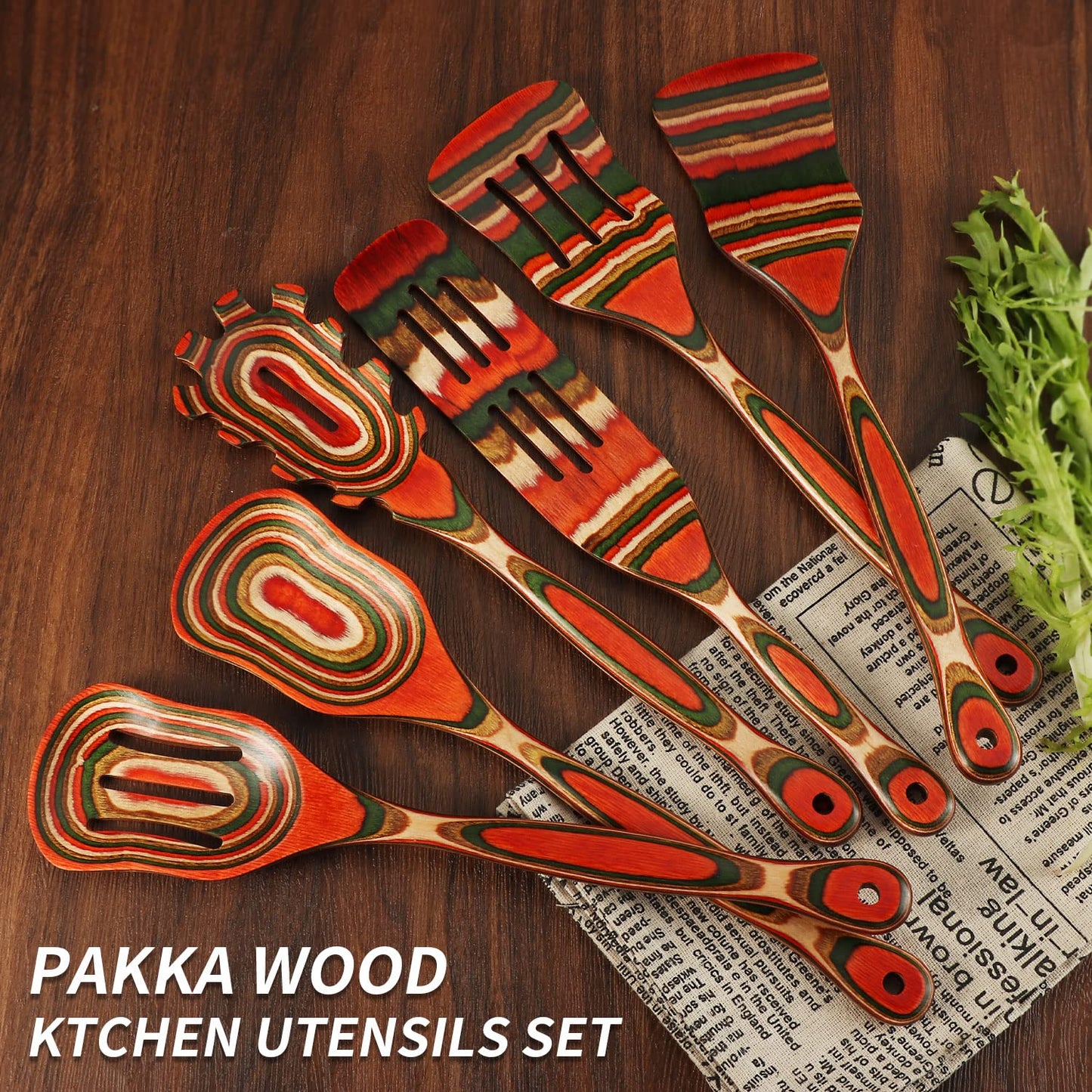 Wooden Spoons for Cooking, WOSPONFAN Kitchen Utensils Set, Pakkawood Kitchen Cooking Utensils Set, Apartment Essentials Wood Serving Spatula spoon, Salad Tongs, Home & kitchen Gift for Women