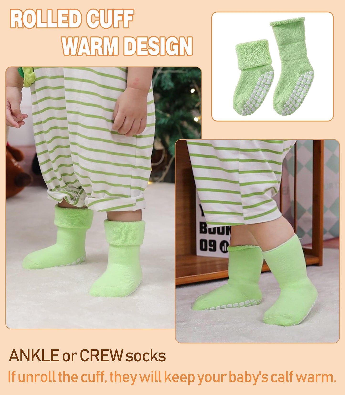 LANLEO Baby Girls Boys Non Slip Socks with Grips Toddler Kids Unisex Warm Thick Cotton Ankle Crew Socks with Grippers 6 Pairs Color A,1-3 Year Old