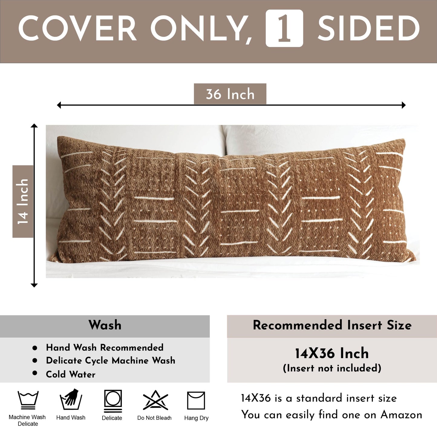 BlissBlush Brown Boho Lumbar Throw Pillow Cover 14X36, Decorative Long Accent Body Lumbar Pillow for Bed, Farmhouse Woven Textured Lumbar Pillowcase for Couch (Cover ONLY)