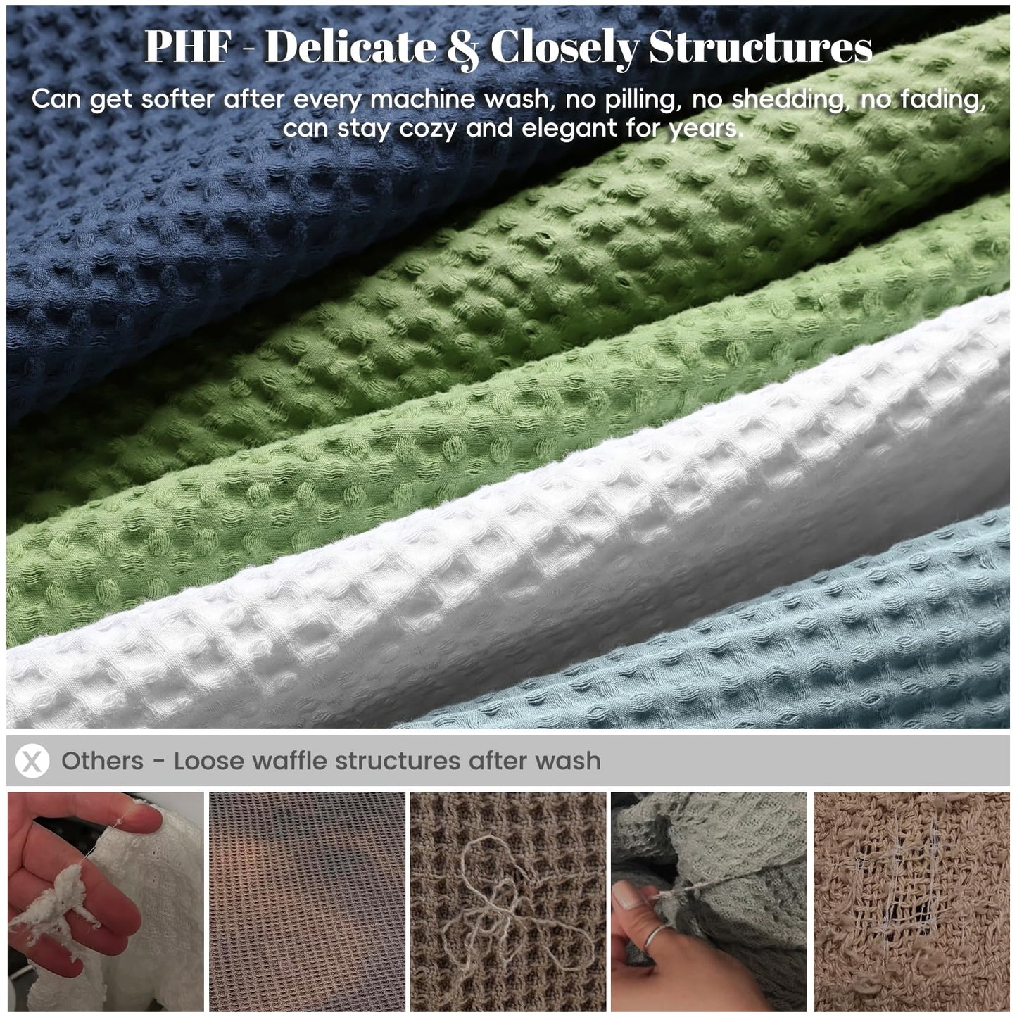 PHF Pre-Washed Cotton Waffle Weave Blanket Queen Size for Bed,Snag Proof Throw Blanket for Couch Spring Summer Lightweight Breathable,Oeko-TEX Certified,Machine Washable, Home Decor Gift-White