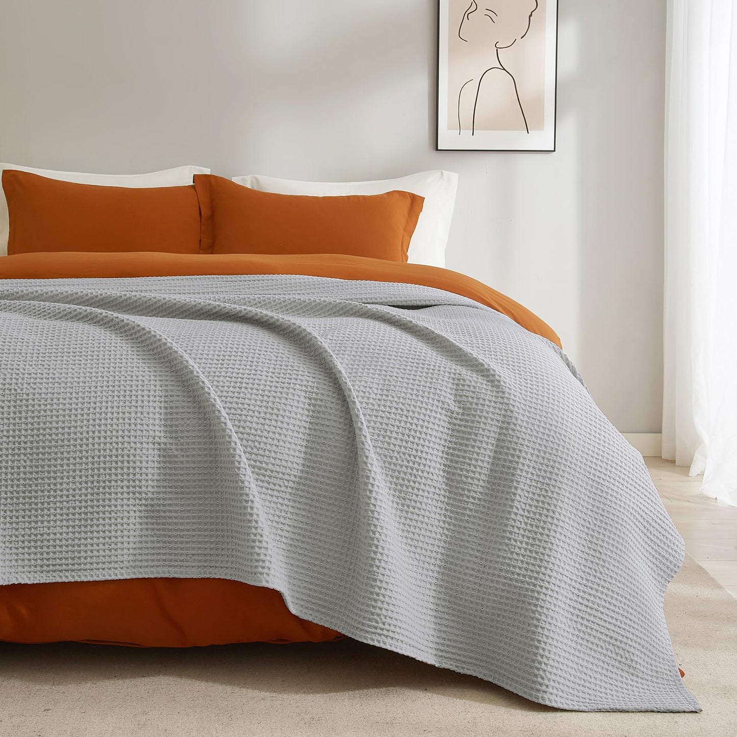 PHF Pre-Washed Cotton Waffle Weave Blanket King Size for Bed,Snag Proof Throw Blanket for Couch Spring Summer Lightweight Breathable,Oeko-TEX Certified,Machine Washable,Home Decor Gift，Light Grey