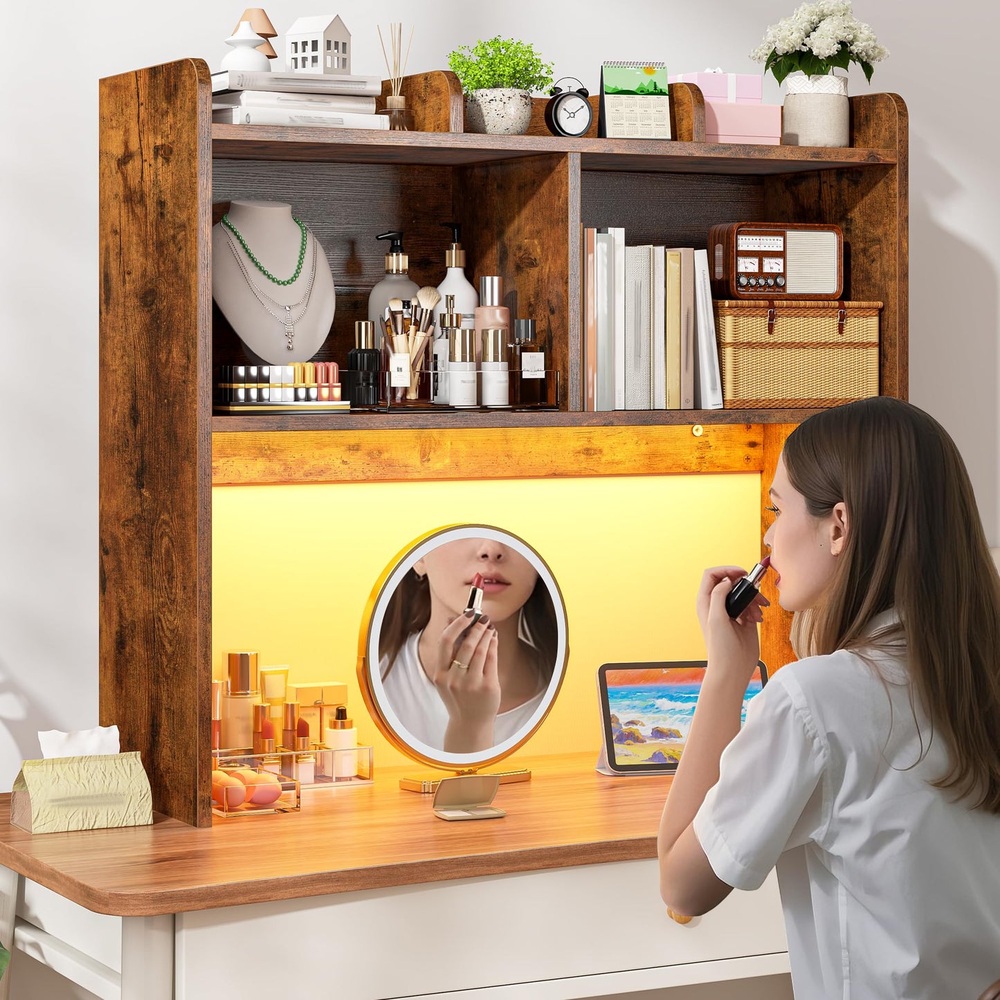 REIBII Desk Hutch Dorm for Computer Monitor Up to 27", Dorm Desk Hutch Top Only with RGB Light Strip, Wooden Desktop Bookshelf with 6 Shelves, 3-Tier Desktop Shelf for Home Office Dorm, Rustic Brown