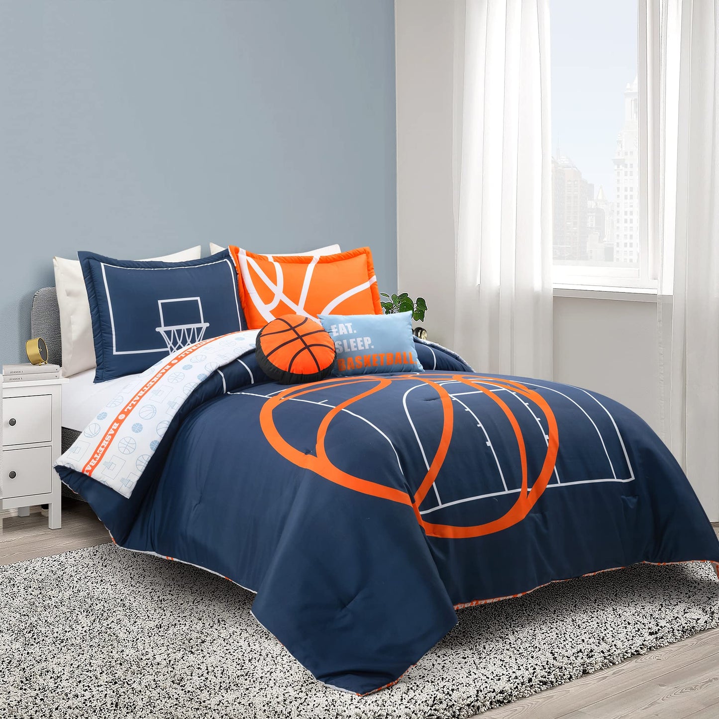 Lush Decor Basketball Game Reversible Comforter Set, 5 Piece Set, Full/ Queen, Navy - Soft Teen Bedding Set - Basketball Decor - Sports Comforter - Kids Bedroom Decor