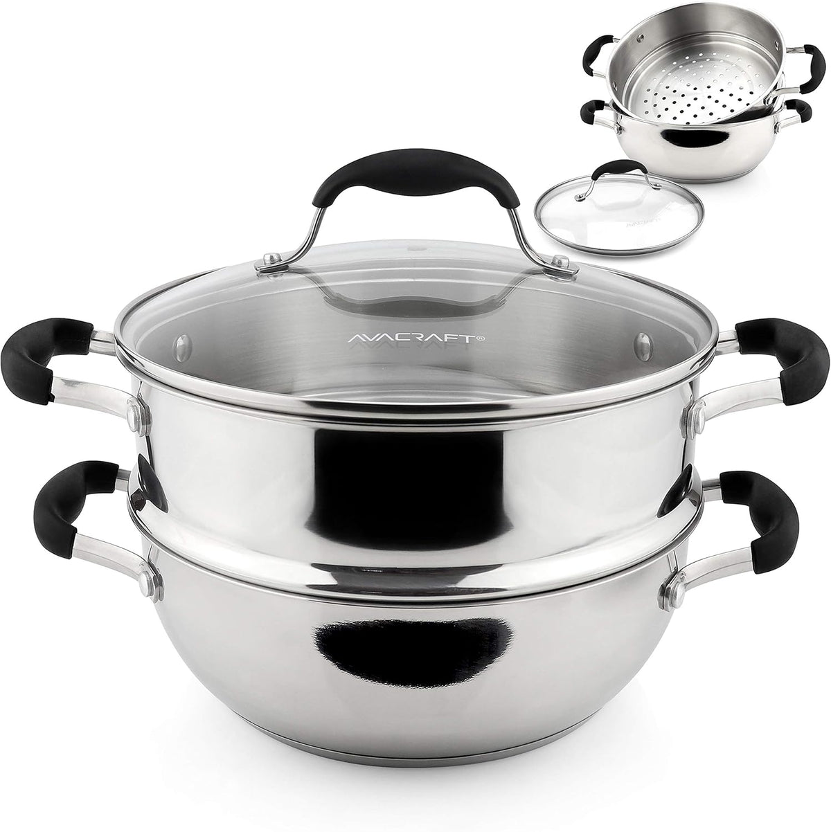 AVACRAFT 18/10, 3 Piece Stainless Steel Cooking Pot Set with Glass Lid, Momo Maker, Induction Steamer Pot
