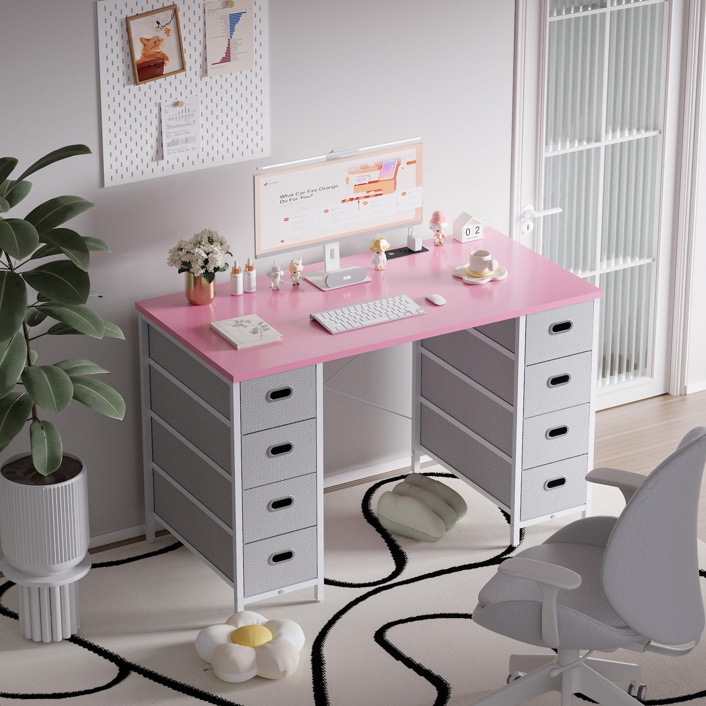 Pamray 47 Inch Computer Desk with 8 Fabric Drawers and Power Outlet PC Gaming Desk Home Office Study Work Writing Table for Bedroom Pink