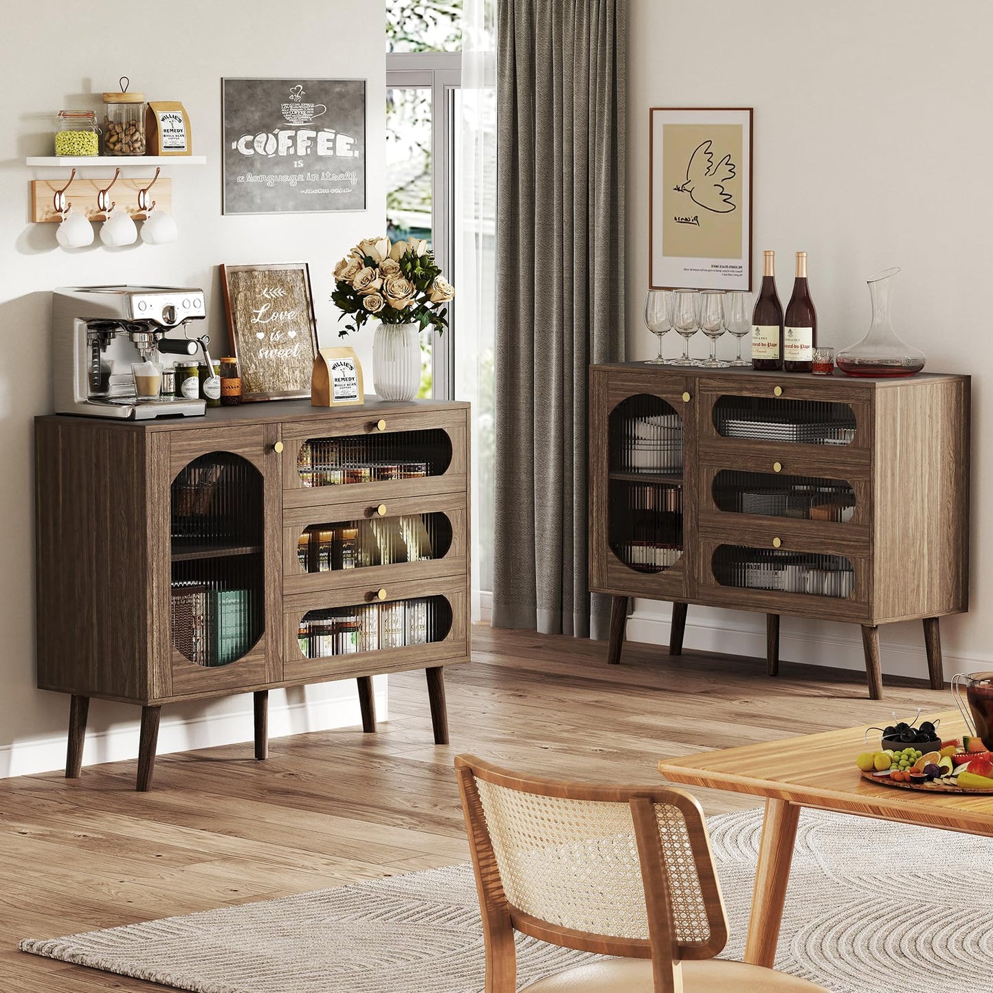 Ludatido Buffet Cabinet with Storage, Sideboard Cabinet with 3 Drawers and Adjustable Shelves, Modern Credenza with Fluted Glass Door for Living Room/Kitchen/Dining Room/Entryway, Walnut