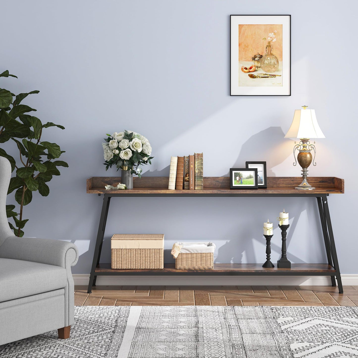 QNICE 70.9-Inch Console Table for Entryway, Farmhouse 2-Tier Entry Entrance Table, Narrow Long Sofa Table Behind Couch for Living Room & Hallway Rustic Brown