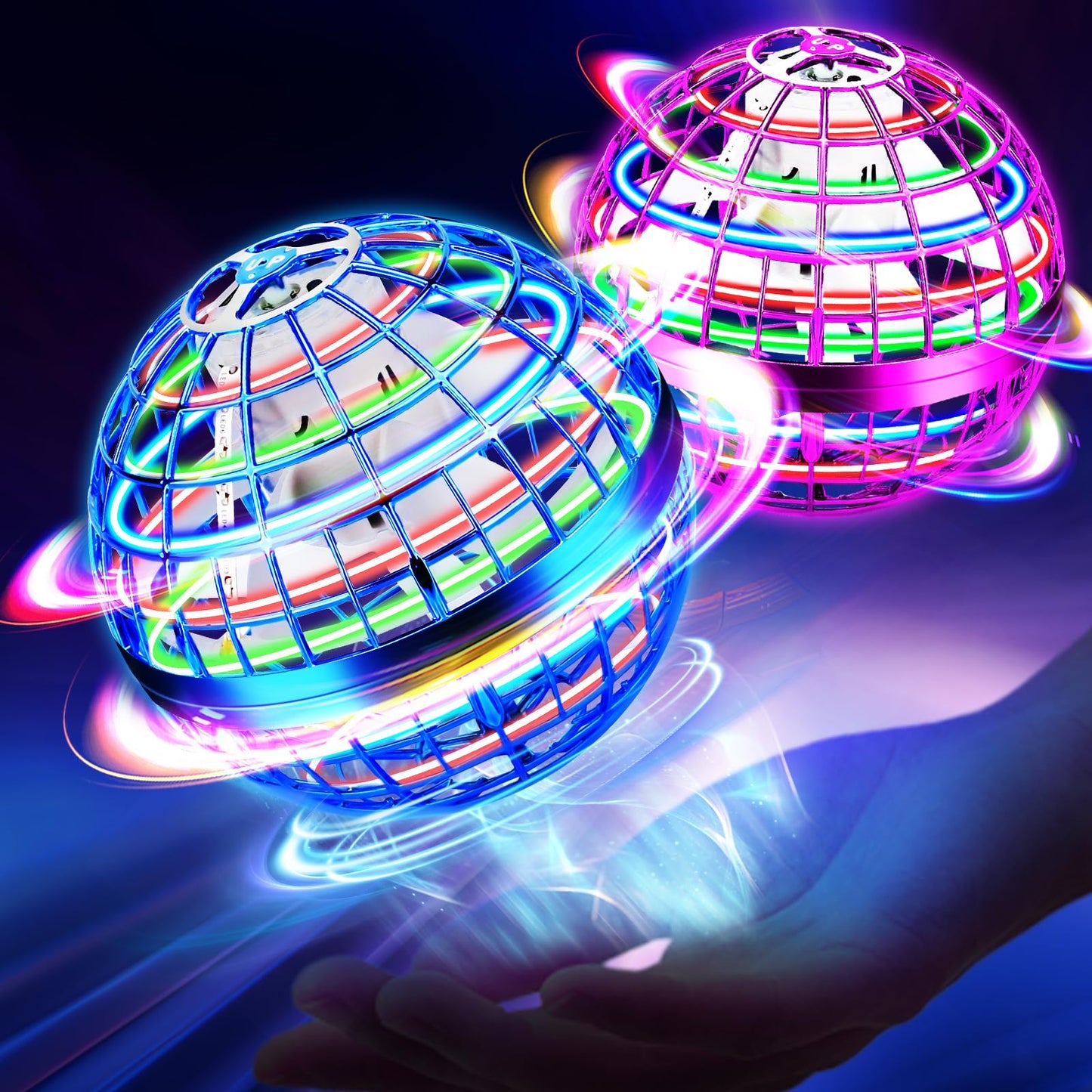 NWLAEWR Flying Orb Ball Toy, Hand Controlled Hover Ball with LED Lights, 360° Rotating Boomerang Globe, Mini Drone Spinner for Kids, Ideal Birthday & Festival Gift for Boys Girls, 2 Pack - Blue&Purple