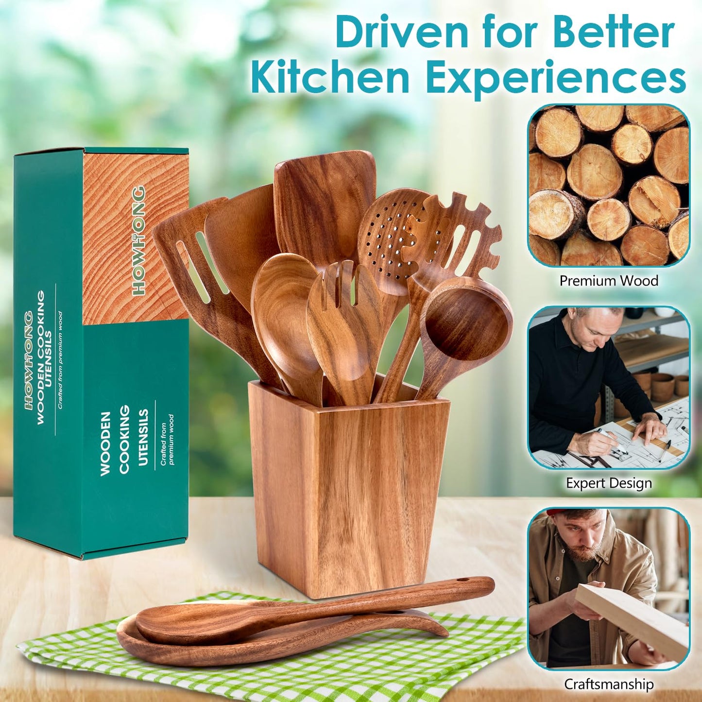 Wooden Spoons for Cooking, Acacia Wood Cooking Utensils Set – 11 Piece Wooden Kitchen Tools with Holder, Spoon Rest, Nonstick Cookware Safe by HOWHONG