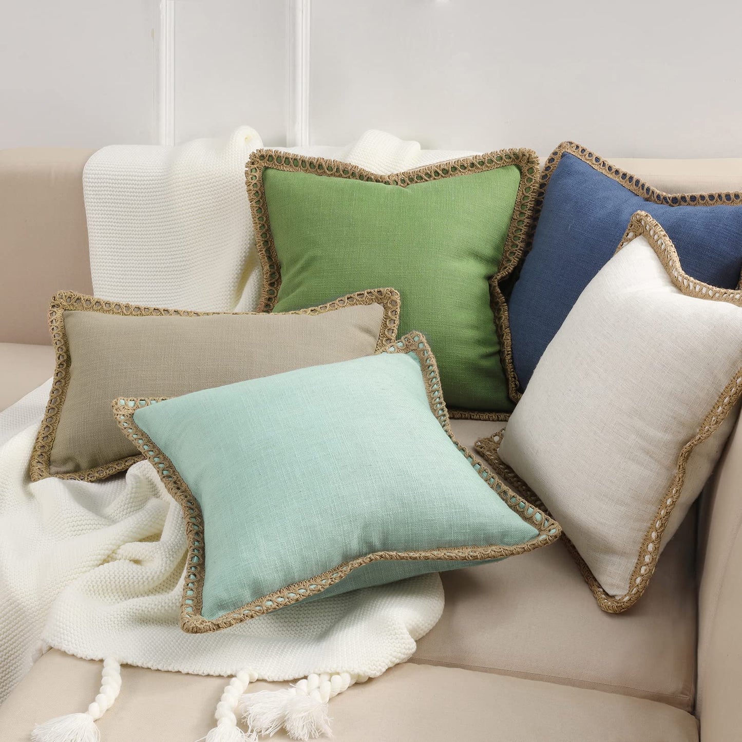 Phantoscope Pack of 2 Farmhouse Decorative Throw Pillow Covers,Solid pattern for home Burlap Linen Trimmed Tailored Edges Light Turquoise 18 x 18 inches, 45 x 45 cm