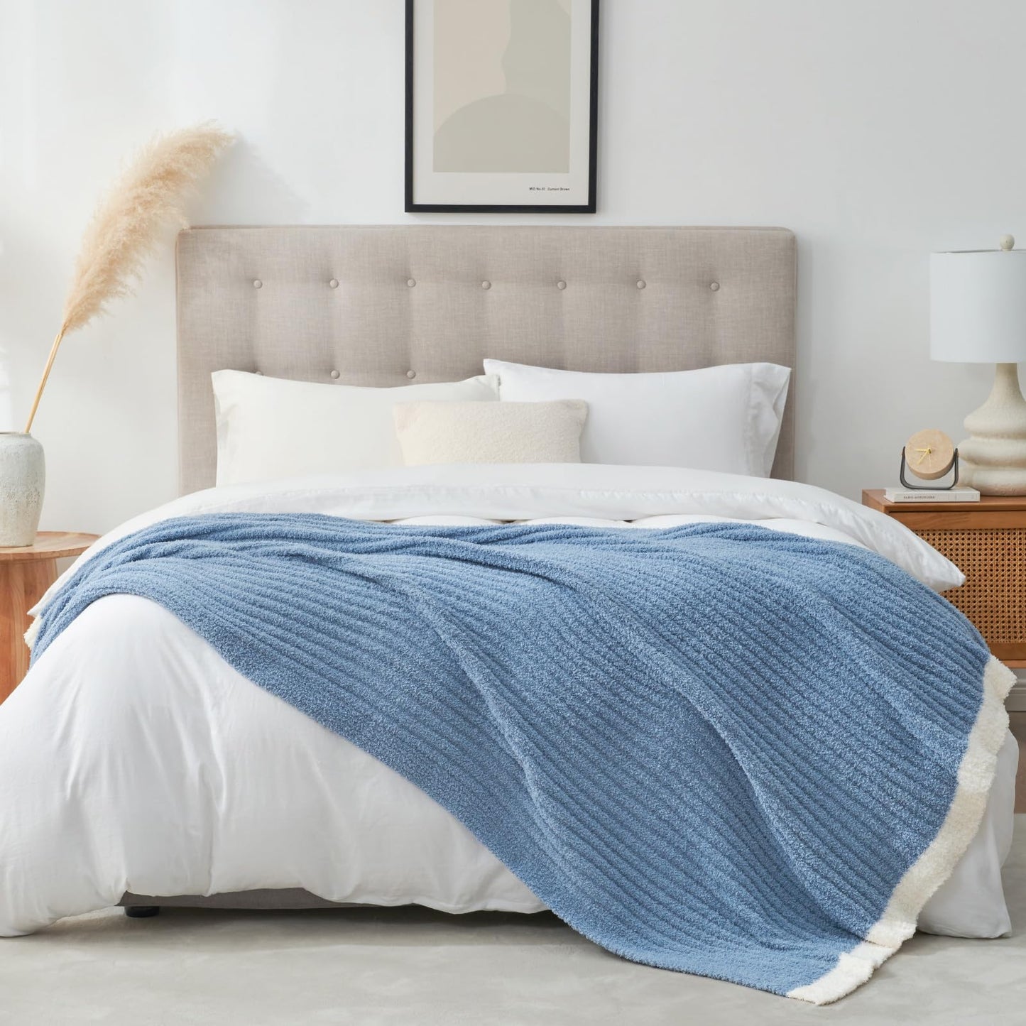 Snuggle Sac Ribbed Blue Throw Blanket for Couch, Microfiber Knit Stripe Throws, Soft Fuzzy Blankets for Couch, Sofa, Travel, Blue, 50x60 inches
