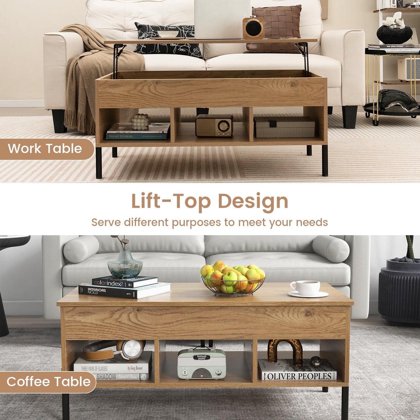 Giantex Lift Top Coffee Table - Rectangular Wooden Table w/Hidden Compartment & Open Storage Shelves, Multifunctional Modern Flip Top Center Table for Living Room, Reception Room, Office (Natural)