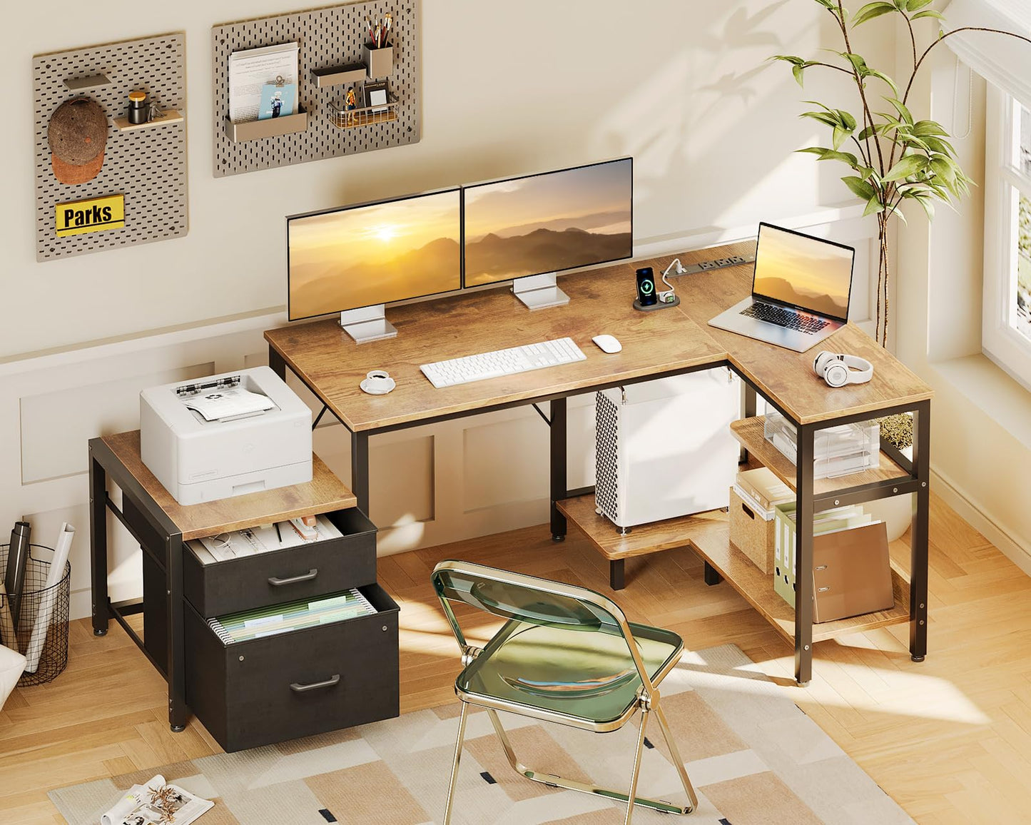 Casaottima L Shaped Desk with Drawers & File Cabinet, 55 Inch Computer Desk with Storage Shelves & CPU Stand, Corner Desk with Power Outlets, Reversible L Desk for Home Office, Brown