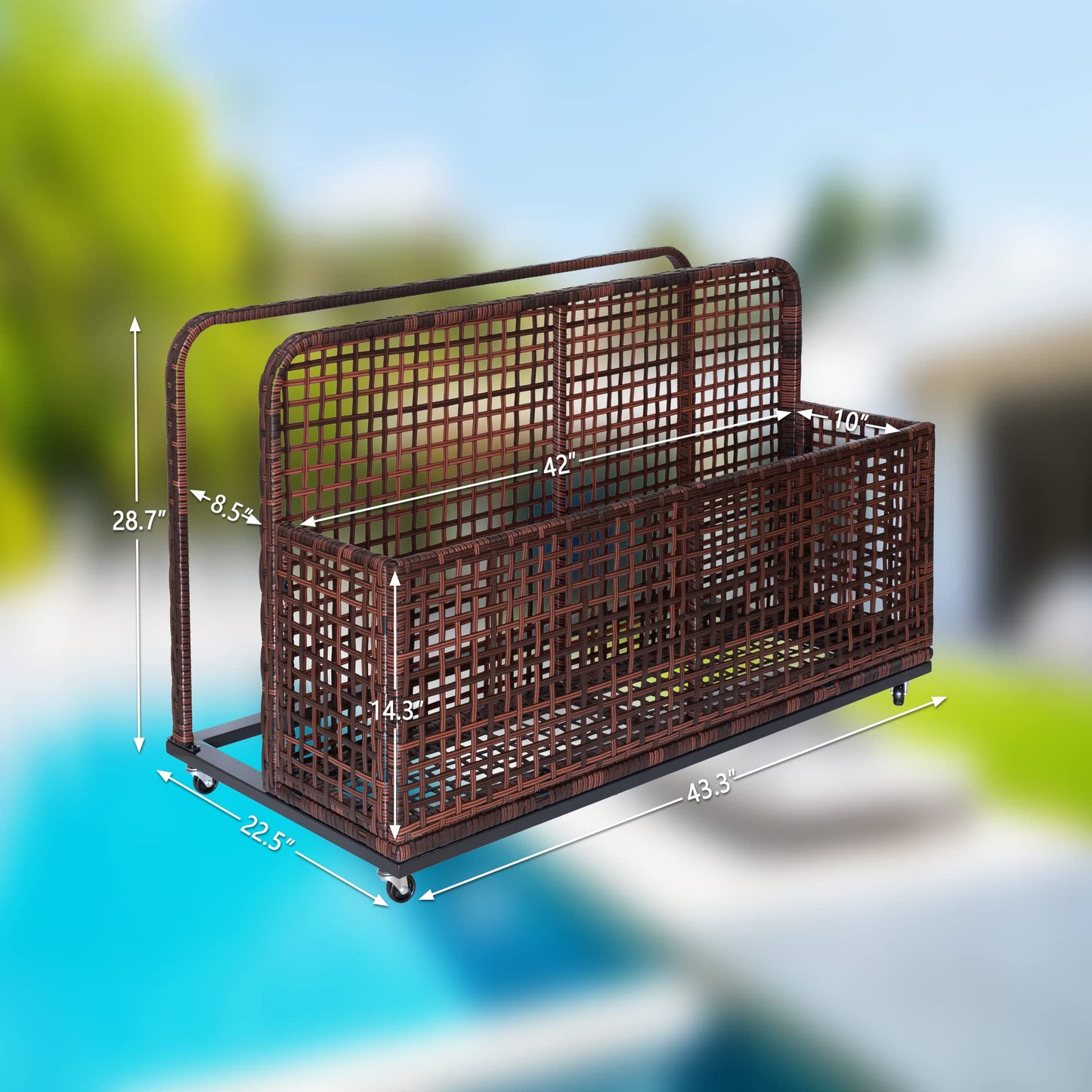 GarveeLife Poolside Float Storage, Outdoor Storage, PE Rattan Outdoor Pool Caddy With Rolling Wheels, Patio Deck Boxes, Storage Box, Pool, Beach-Sturdy,Brown