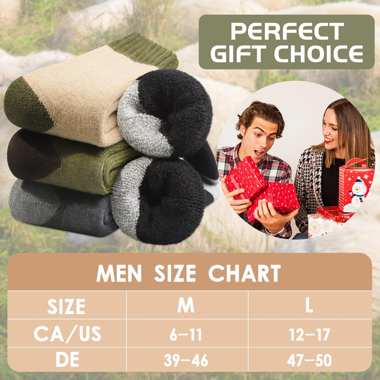 Yeblues Merino Wool Thermal Hiking Socks - 4 Pairs, Men's Sizes 6-11, Super Soft, Warm for Winter