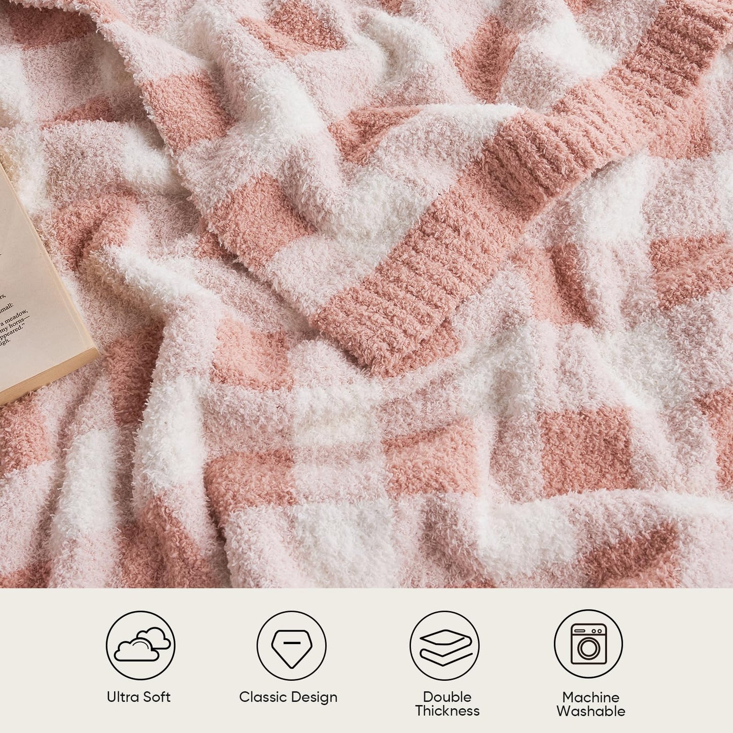 Snuggle Sac Buffalo Plaid Throw Blanket for Couch, Super Soft, Cozy Warm Knit Decorative Blankets, Reversible Plaid Fluffy Throws for Sofa, Bed, Plaid Pink, 50x60 Inches