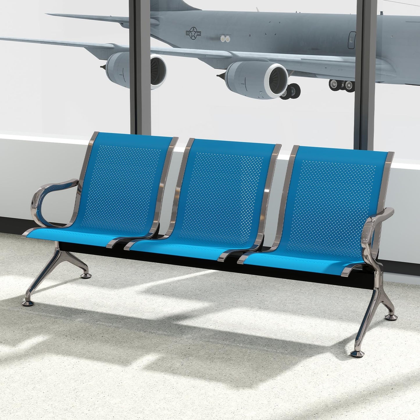 kinbor Waiting Room Chairs - Durable Reception Bench with Armrests, 3-Seat Office Reception Guest Chairs for Office, Hospital, Airport, Bank & Lobby, Blue