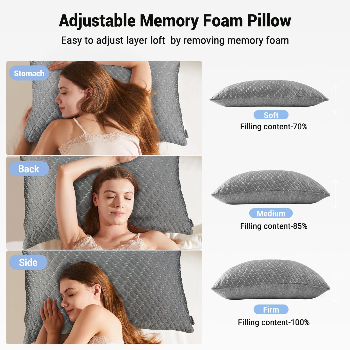 puredown Pillows Queen Size Set of 2, Shredded Memory Foam Pillows, Cooling Foam Pillow for Sleeping, Soft Bed Pillow Queen Size with Adjustable Foam for Side, Back and Stomach Sleepers, Grey