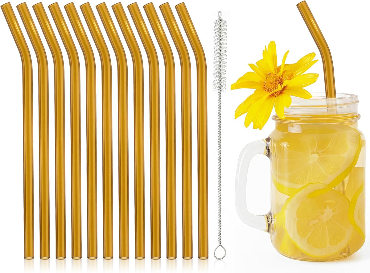 12 Pcs Reusable Glass Straws 8"x 8 mm Bent Glass Drinking Straws with Cleaning Brush for Tea, Smoothies, Milkshakes, Juices,Beverages(amber)