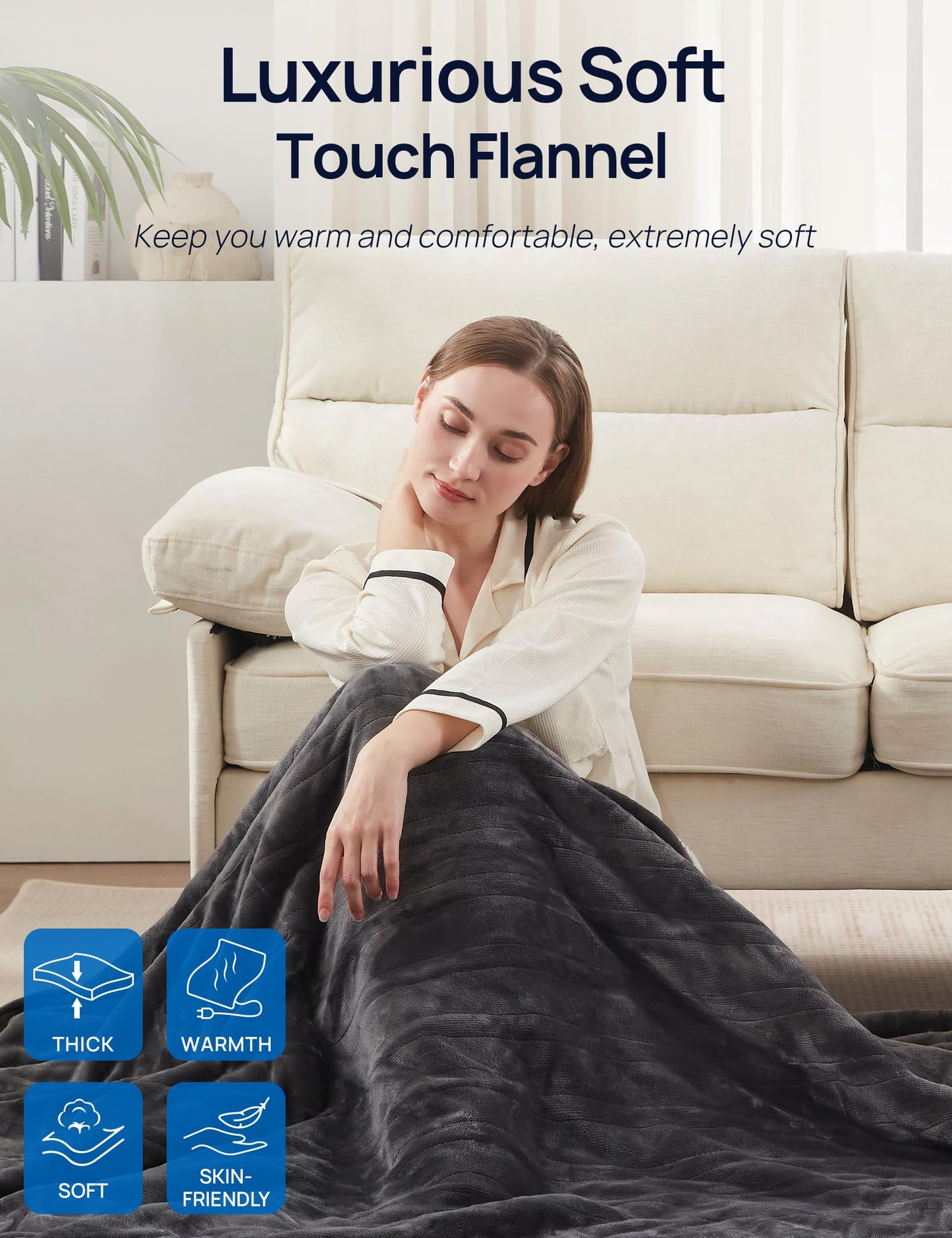Westinghouse Electric Throw Blanket with Foot Pocket for Adults, Soft Flannel to Sherpa Heated Throw with 6 Heating Levels & 2-10 Hours Time Settings, Fast Heating & Machine Washable, 50x62, Charcoal