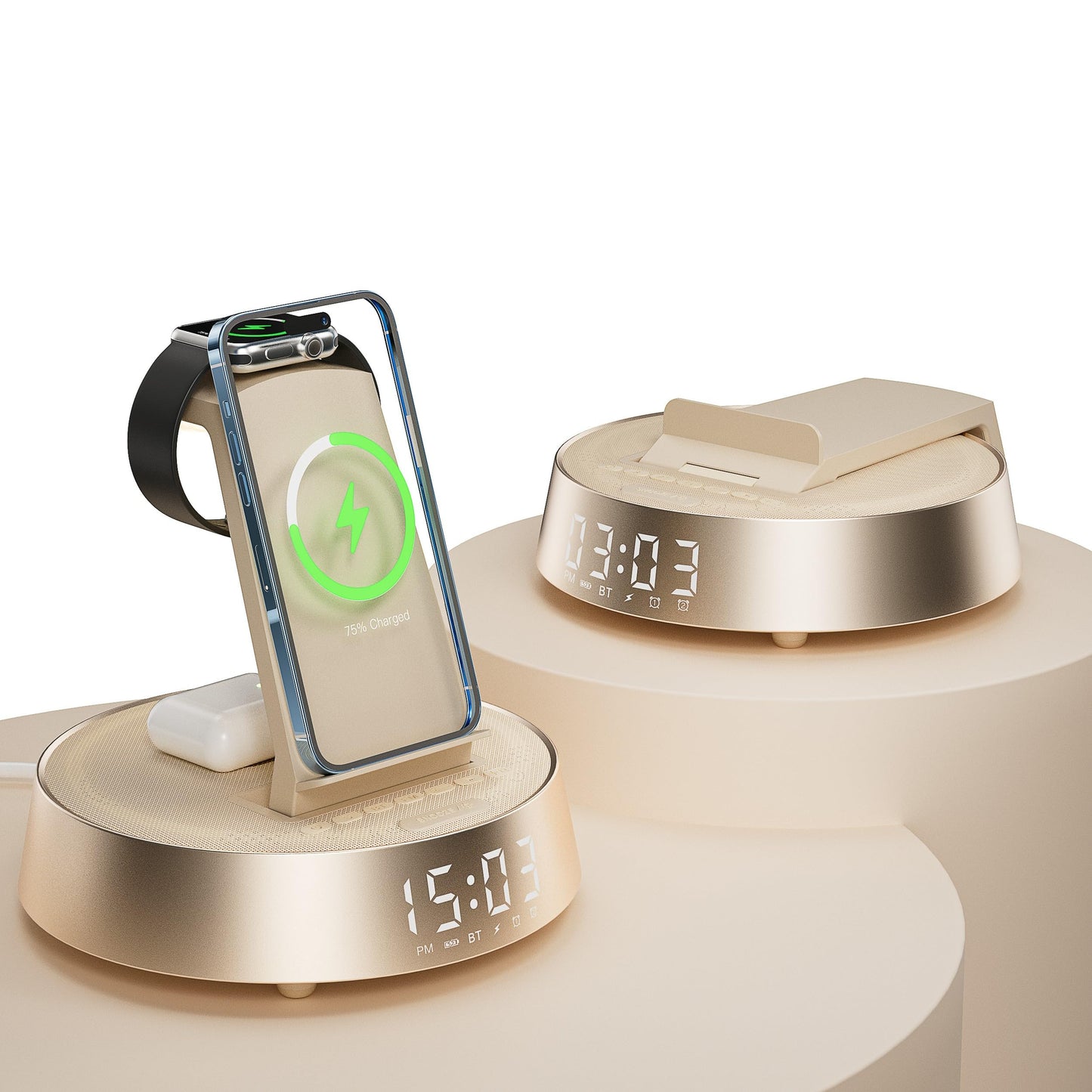 7 in 1 Wireless Charging Station, Alarm Clock for Bedroom with Dimmable Night Light Bluetooth Speaker, Dock Station for iPhone 16 15 14 13 12 11 Pro Max, Apple Watch, AirPods Pro