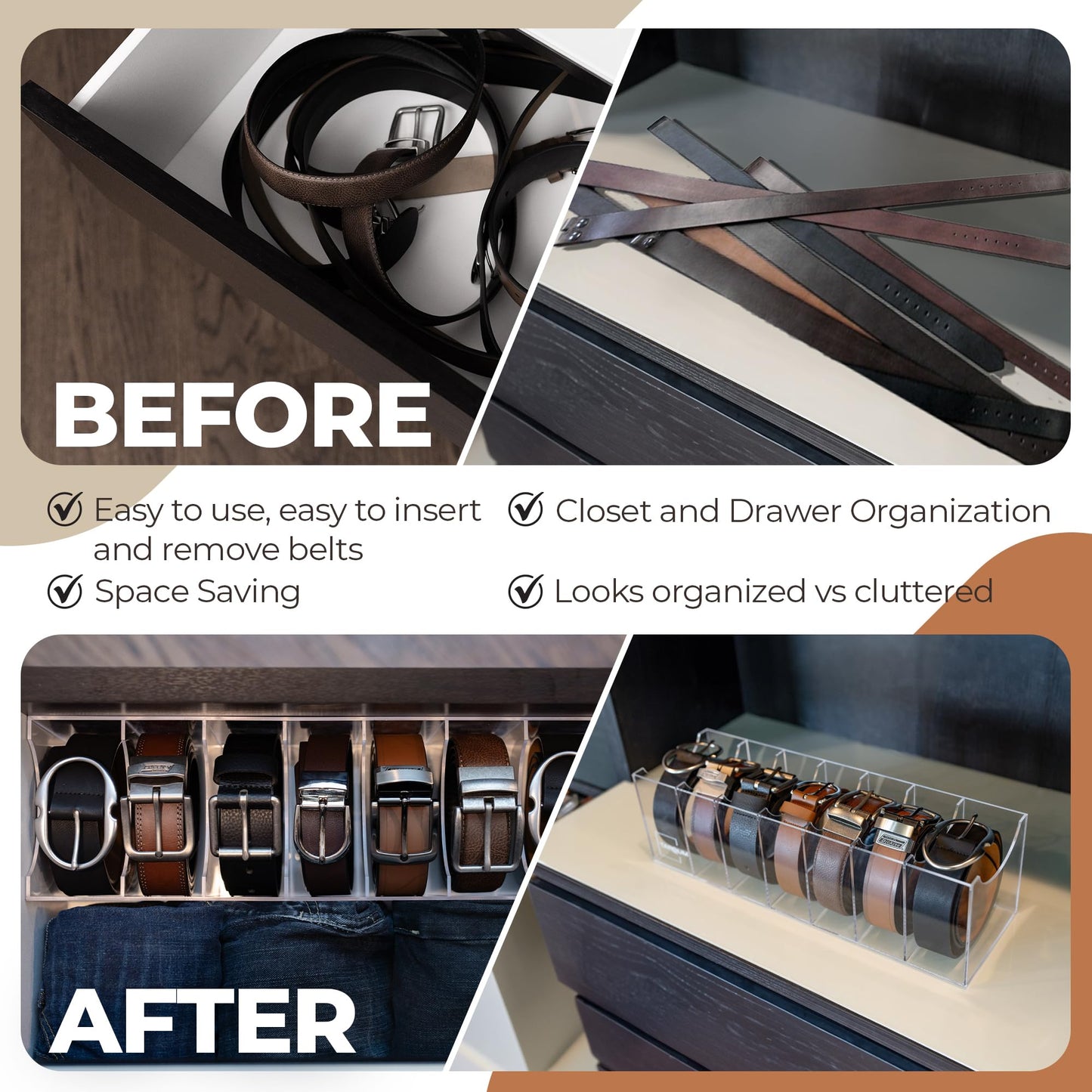 Belt Organizer for Larger Buckles With Extra Wide Compartments - 7 Compartments - Durable Acrylic Belt Organizer for Closet and Drawer