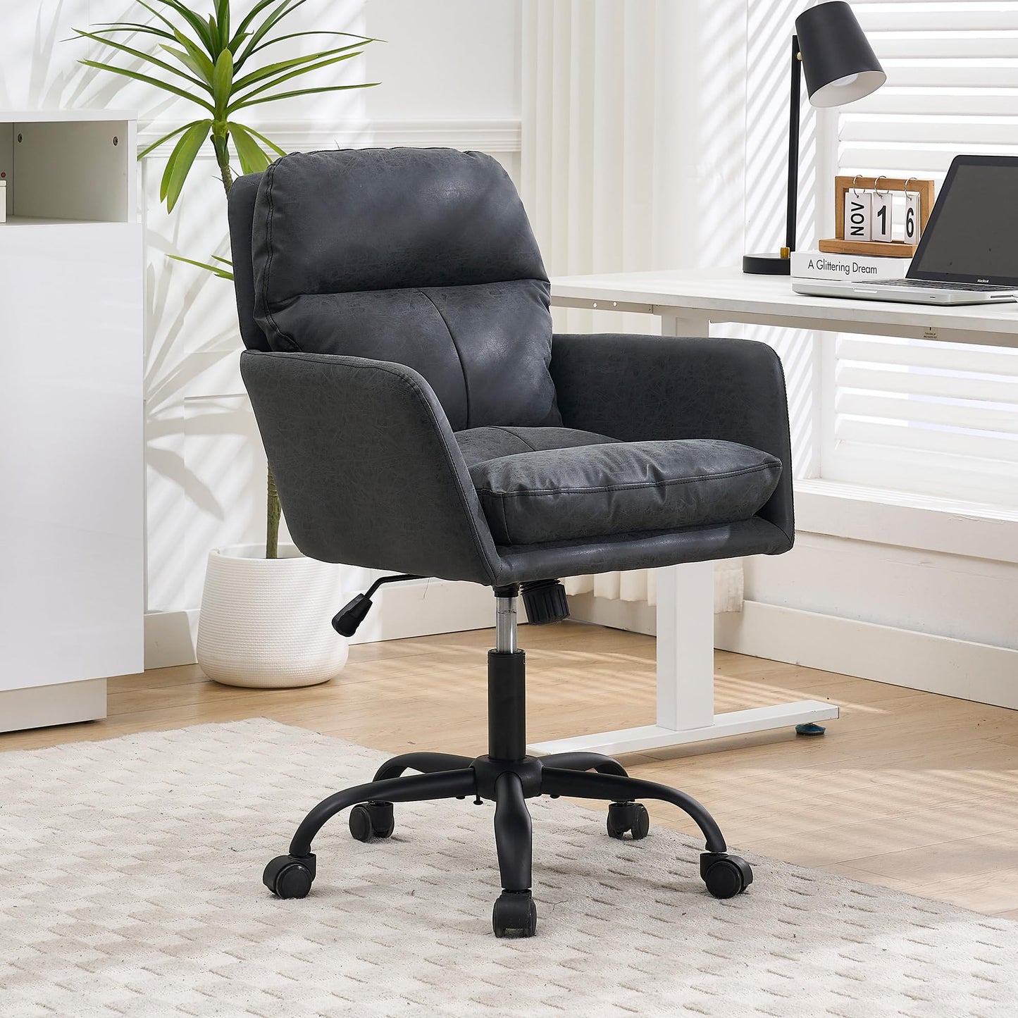 YITAI Adjustable Home Office Desk Chair with Comfy Square Mid-Back, Faux Leather 360 Swivel Upholstered Task Armchair with Wheels for Vanity Bedroom/Living Room,Study Black