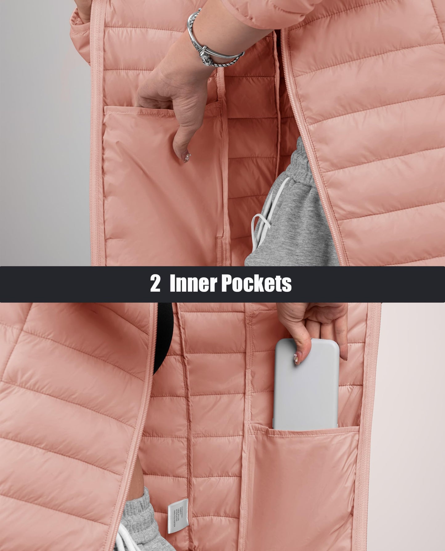 MAGCOMSEN Women's Puffer Jacket Ultra-light Quilted Zip-up Padded Winter Warm Outwear with 4 Pockets, Apricot L