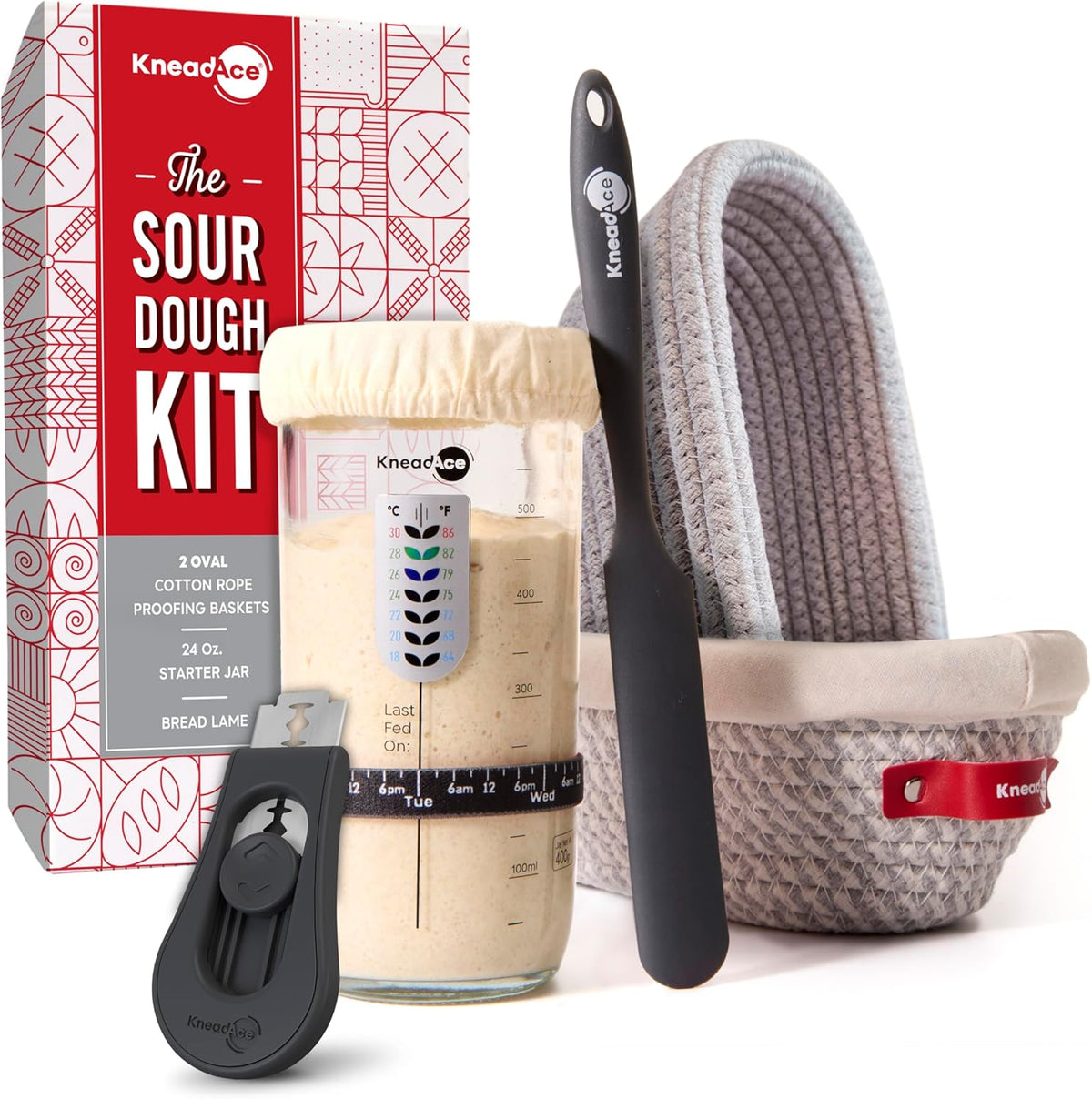 KneadAce Sourdough Starter Kit (24oz Jar, 2xOval Baskets, Gray Bread Lame)