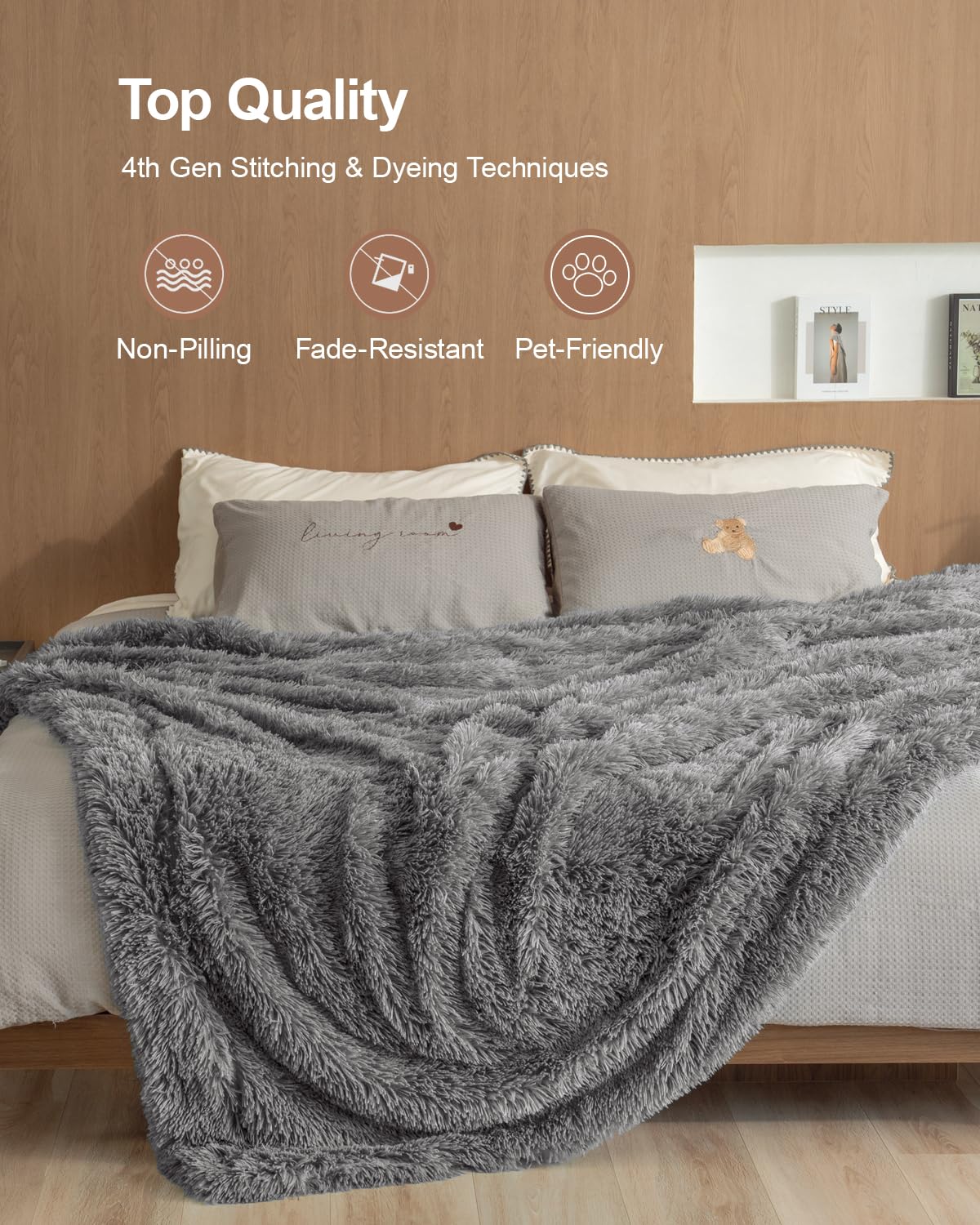 Pawque Faux Fur Blankets Queen Size 60x80 inches, Super Soft Fuzzy Fluffy Blanket, Warm Thick Sherpa Long Hair Shag Reversible Lightweight Cozy Throw for Bedroom Sofa Couch, Grey