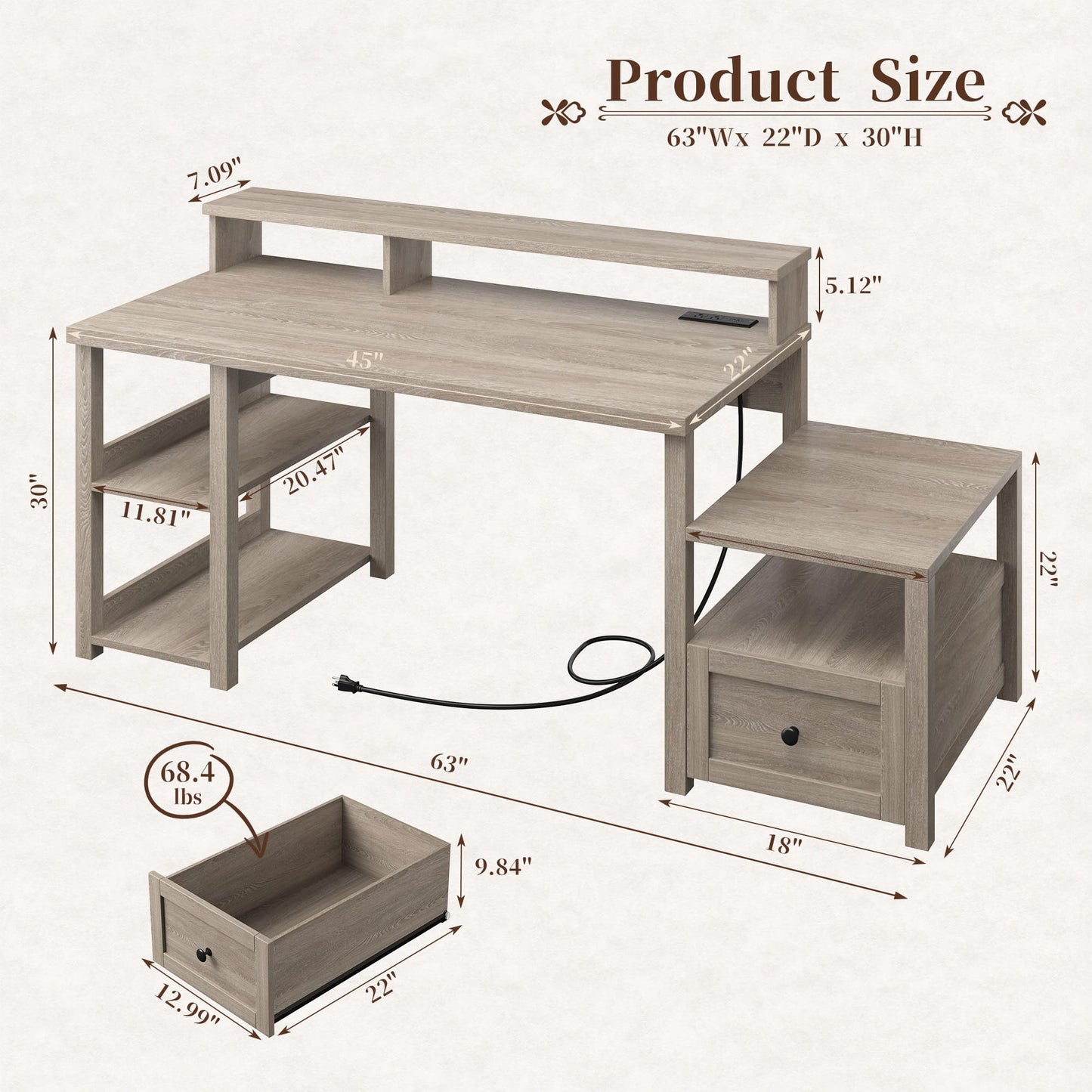 EnHomee 63" Farmhouse Style Computer Desk with Drawers and LED Lights, Storage Shelves and Power Outlets, Home Office Desks with Long Monitor Stand for Work, Study, Writing, Ash Gray