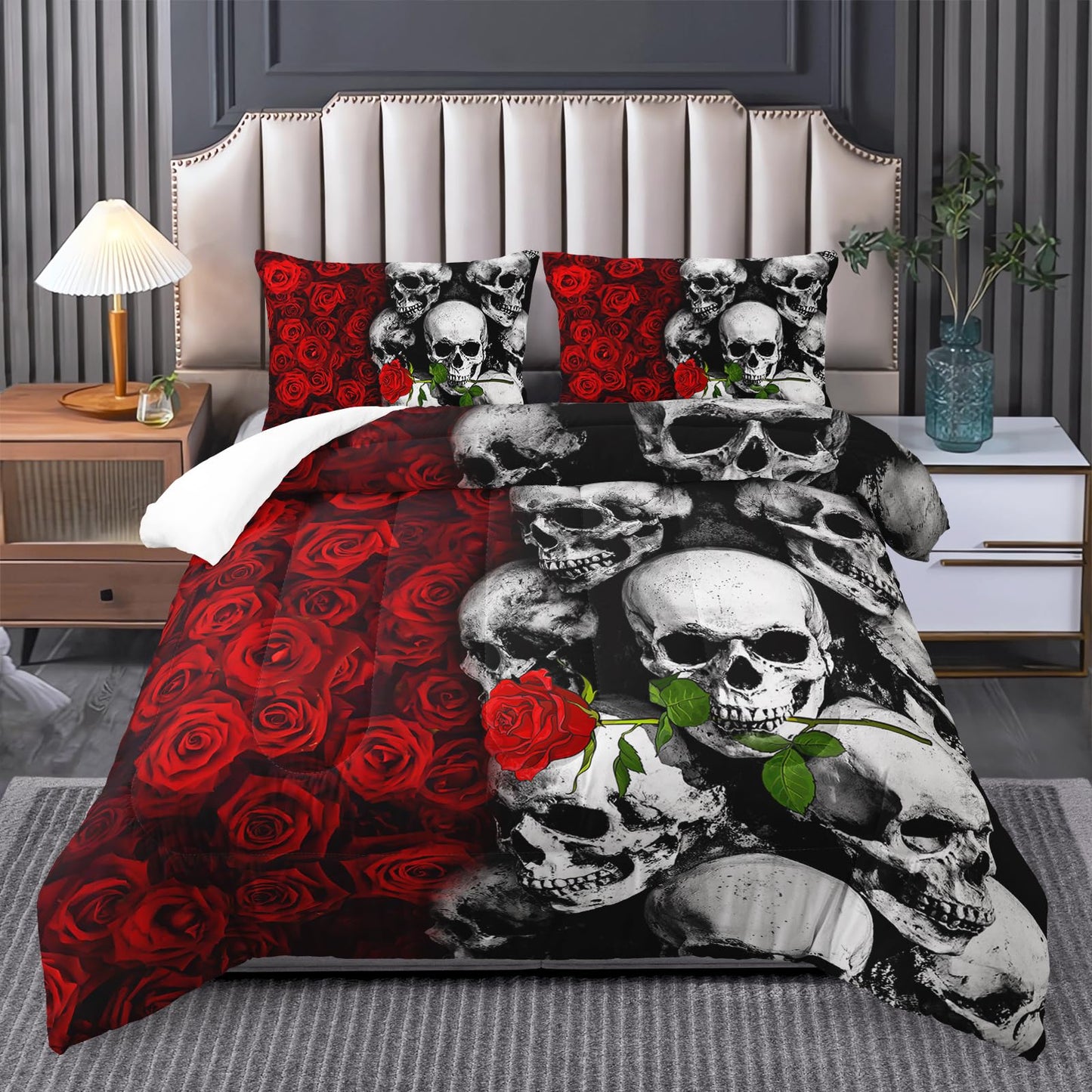 Tuzaovy Skull Bedding Set Queen Size,Goth Bedding Sets Queen with Comforter,Skull Comforter Set,Rose Comforter Halloween Skull Bed Comforter,Red Comforter Black Bedding Skull Quilt