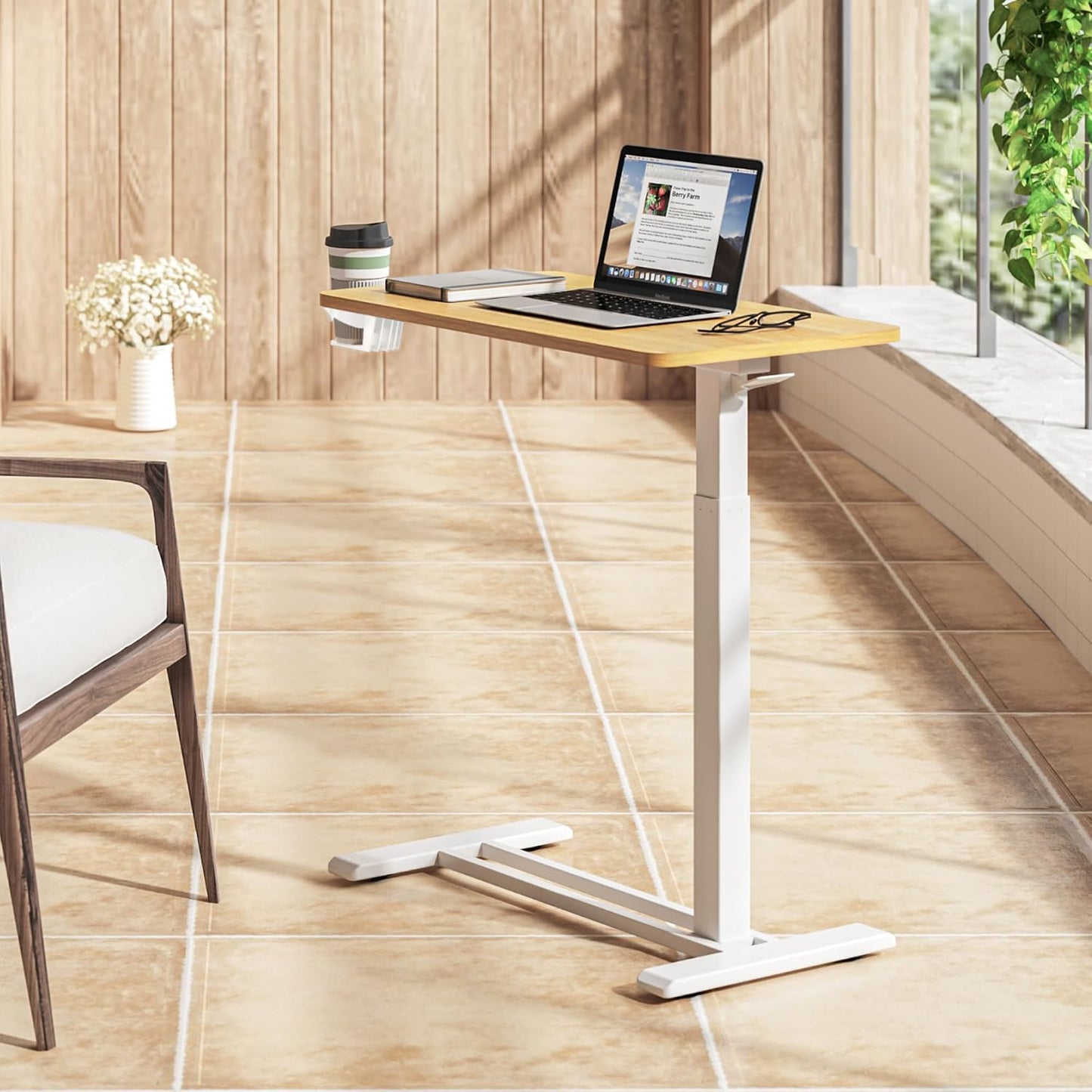 SANODESK Medical Adjustable Overbed Bedside Table with Hidden Casters, Pneumatic Mobile Laptop Computer Standing Desk Cart with Tray, Hospital and Home Use(27.6" W x 15.7" D, Maple)