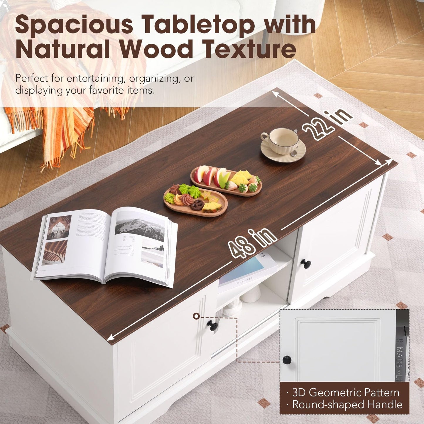 Patiorama 48'' Front-and-Back Symmetrical Farmhouse Coffee Table w/Storage & 4 Sliding Barn Doors, Wood Rustic Center Table w/Adjustable Shelves,Mid Century Mordern Coffee Table for Living Room,White