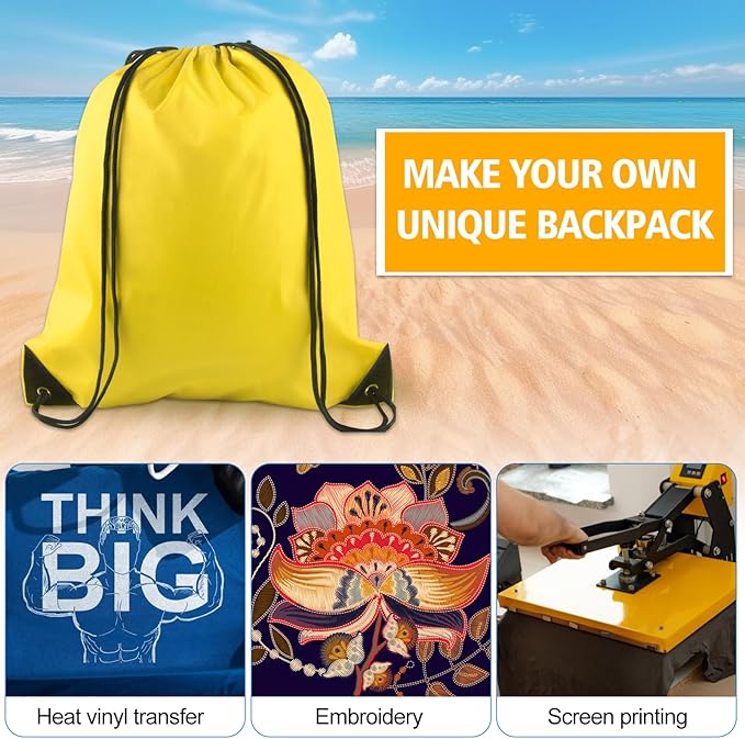 KUUQA 50Pcs Yellow Drawstring Backpacks - Bulk Gym Sports Travel Bags