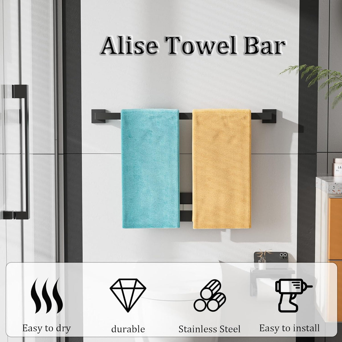 Alise Black Towel Bars,27.56 Inch Towel Holder Towel Racks for Bathroom and Lavatory,SUS304 Stainless Steel Hand Towel Hanger Rail Wall Mount,Useable Length 25.79 Inch Towel Bar, GYT070-B