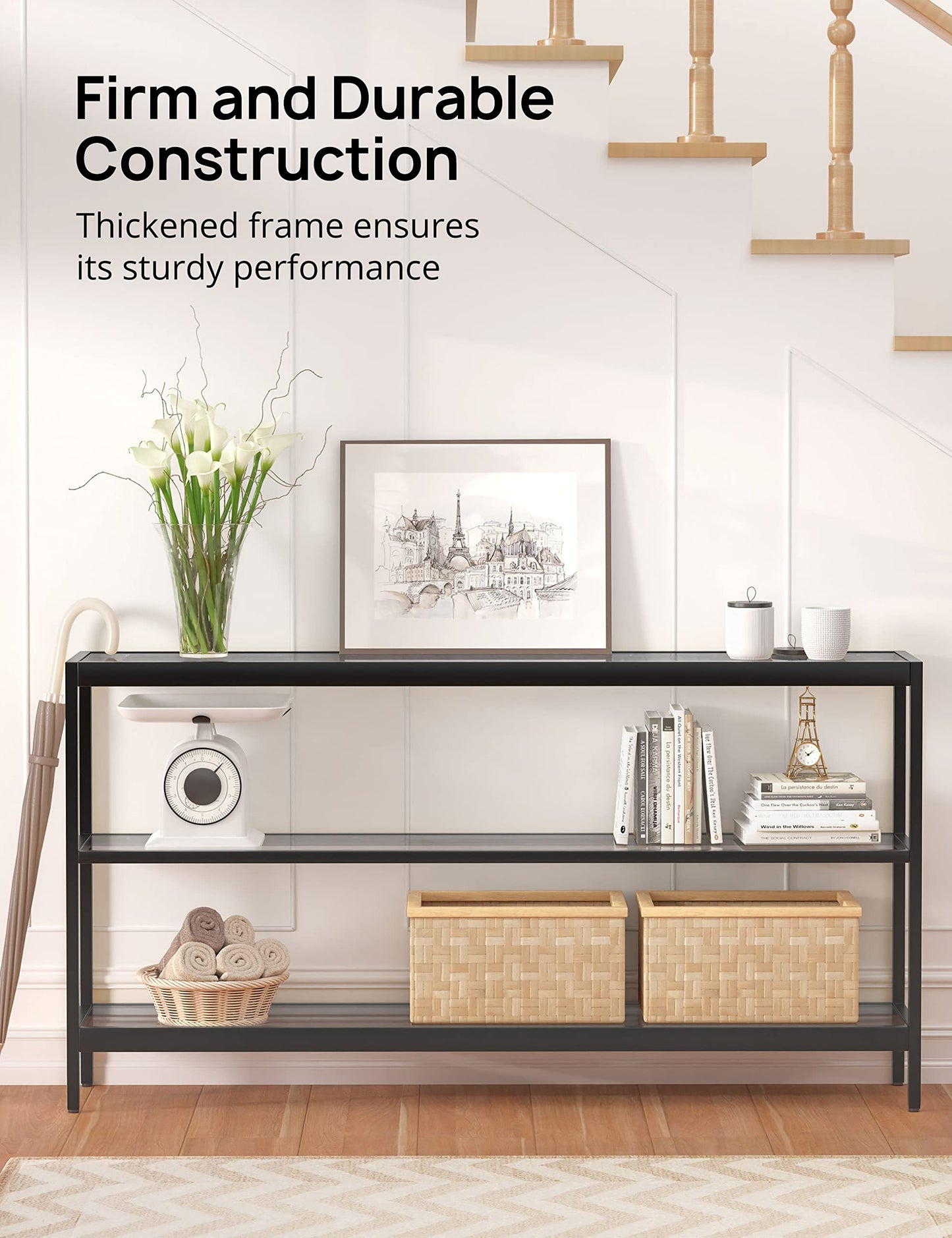 Evajoy Console Table, 55" Entryway Table with 3 Tiers, Open Glass Sofa Table for Living Room, Foyer, Entryway, Bedroom, Hallway, Black