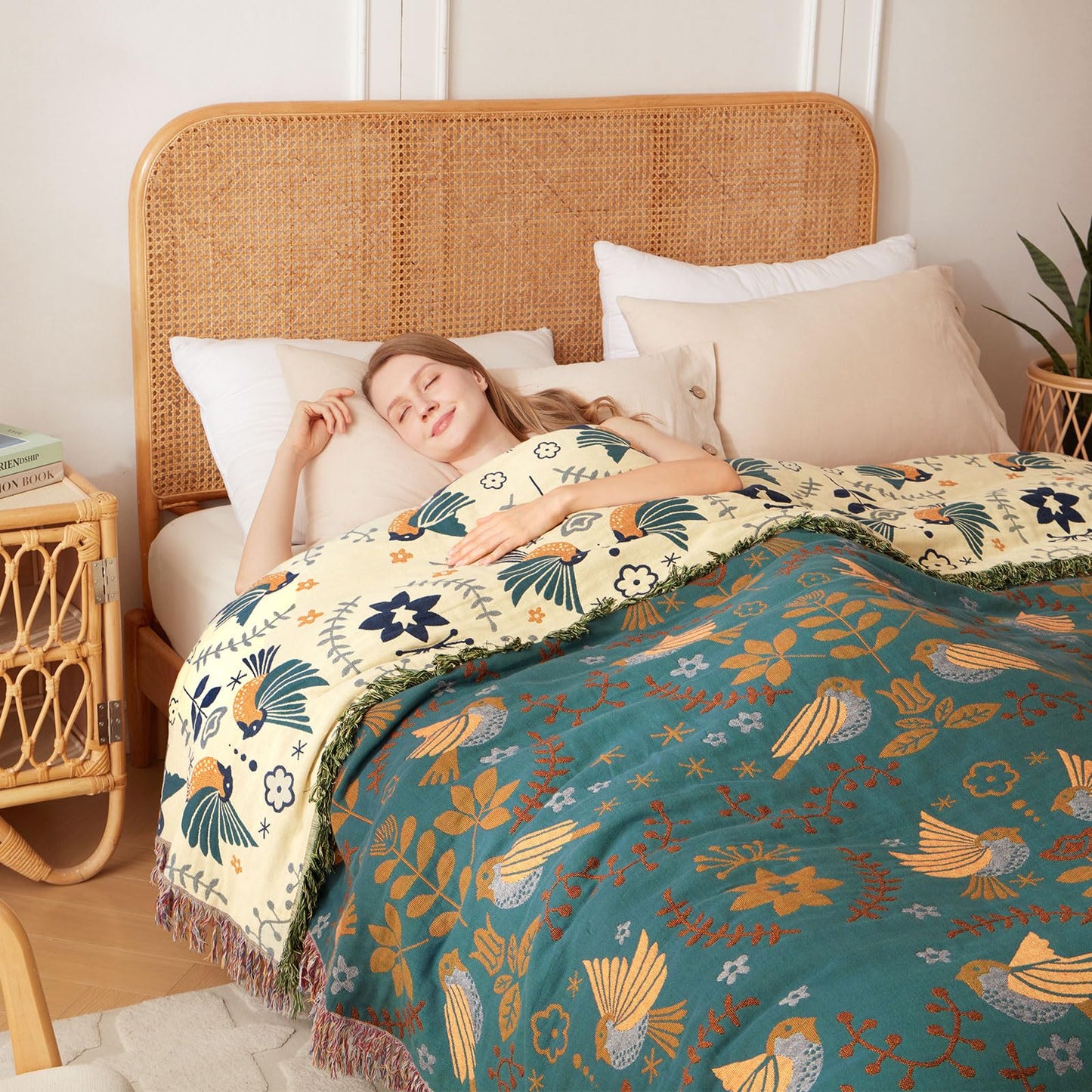 Boho Throw Blanket- 100% Cotton Muslin Blanket for Bed Couch, 60"x80" Reversible Breathable Summer Blanket Soft Lightweight Farmhouse Throw Blanket Rustic Quilt, All Season Floral Bird Decor Blankets