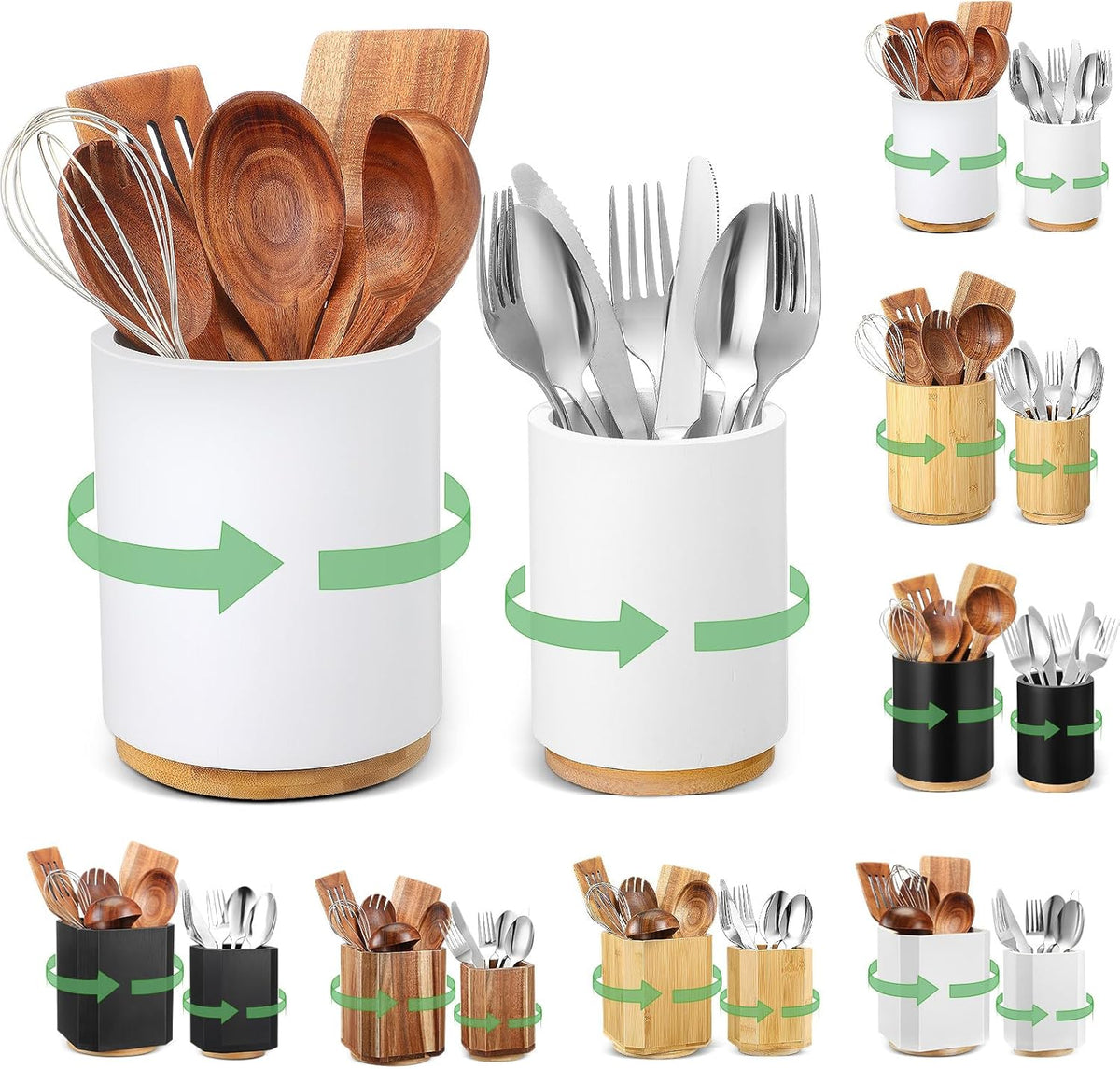 2 Pack Wooden Utensil Holder, 360°Rotating Kitchen Cooking Utensil Crock, Spoon Spatula Holder for Kitchen Counter, Farmhouse Countertop Organizer(White,Round)