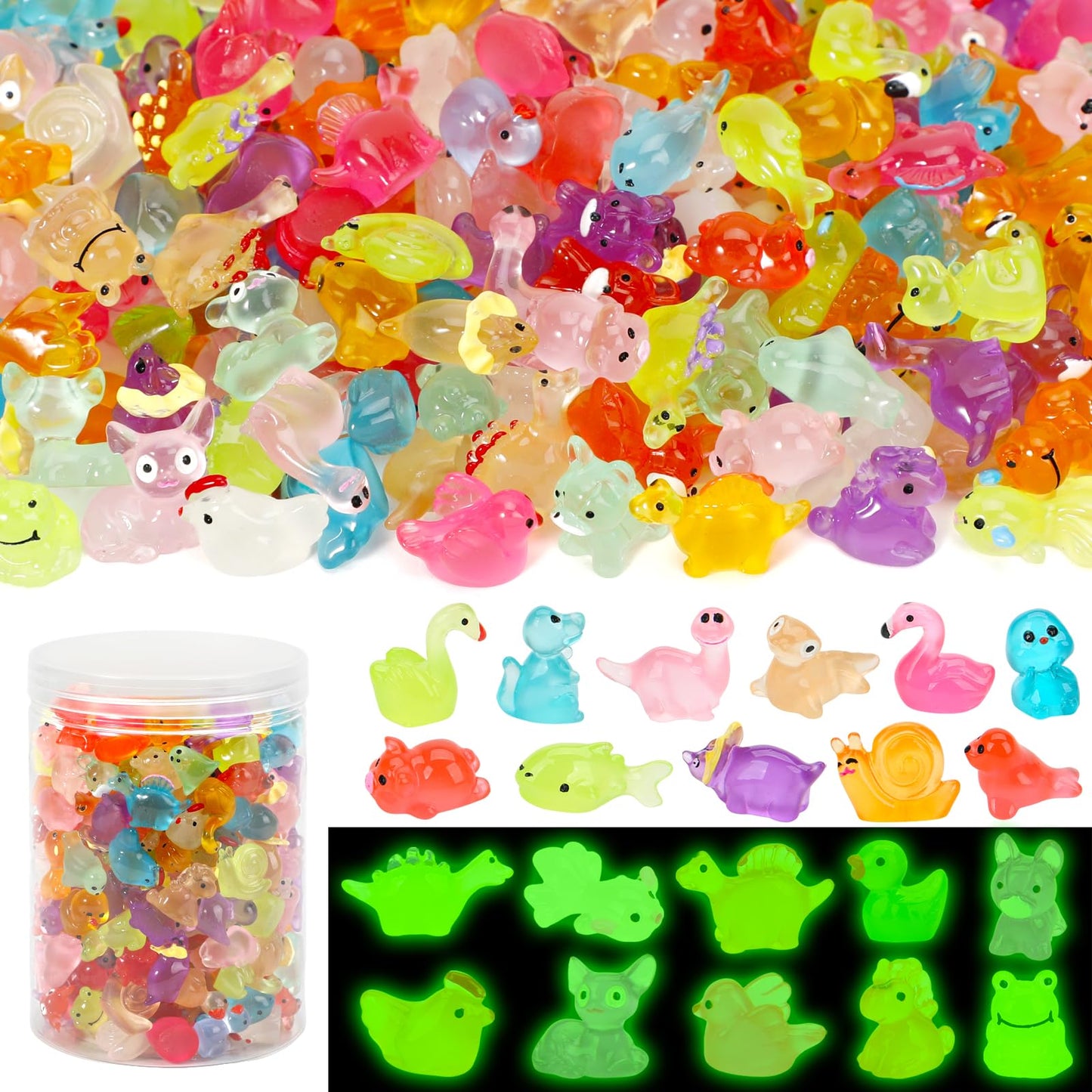 240 Pack Mini Resin Animals, Glow in The Dark Tiny Animals Figures to Hide Luminous Small Plastic Miniature Little Ducks Bulk for Office Home Garden Micro Landscape Aquarium Potted Dollhouse Decor