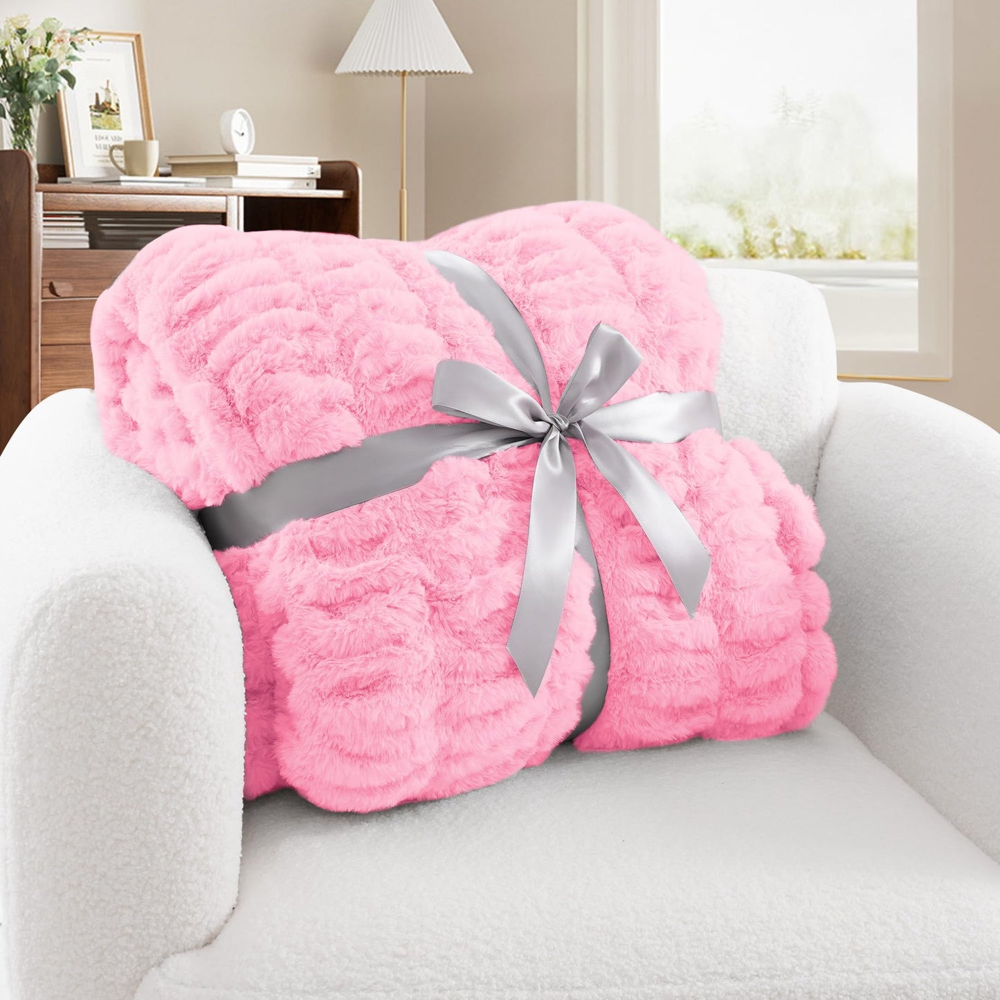 Tejoe Faux Rabbit Fur Throw Blanket - Ultra Soft & Fluffy Cozy Gift, Plush Fuzzy Luxury Blanket for Couch, Bed, Living Room Decor, 50x60, Blush Pink
